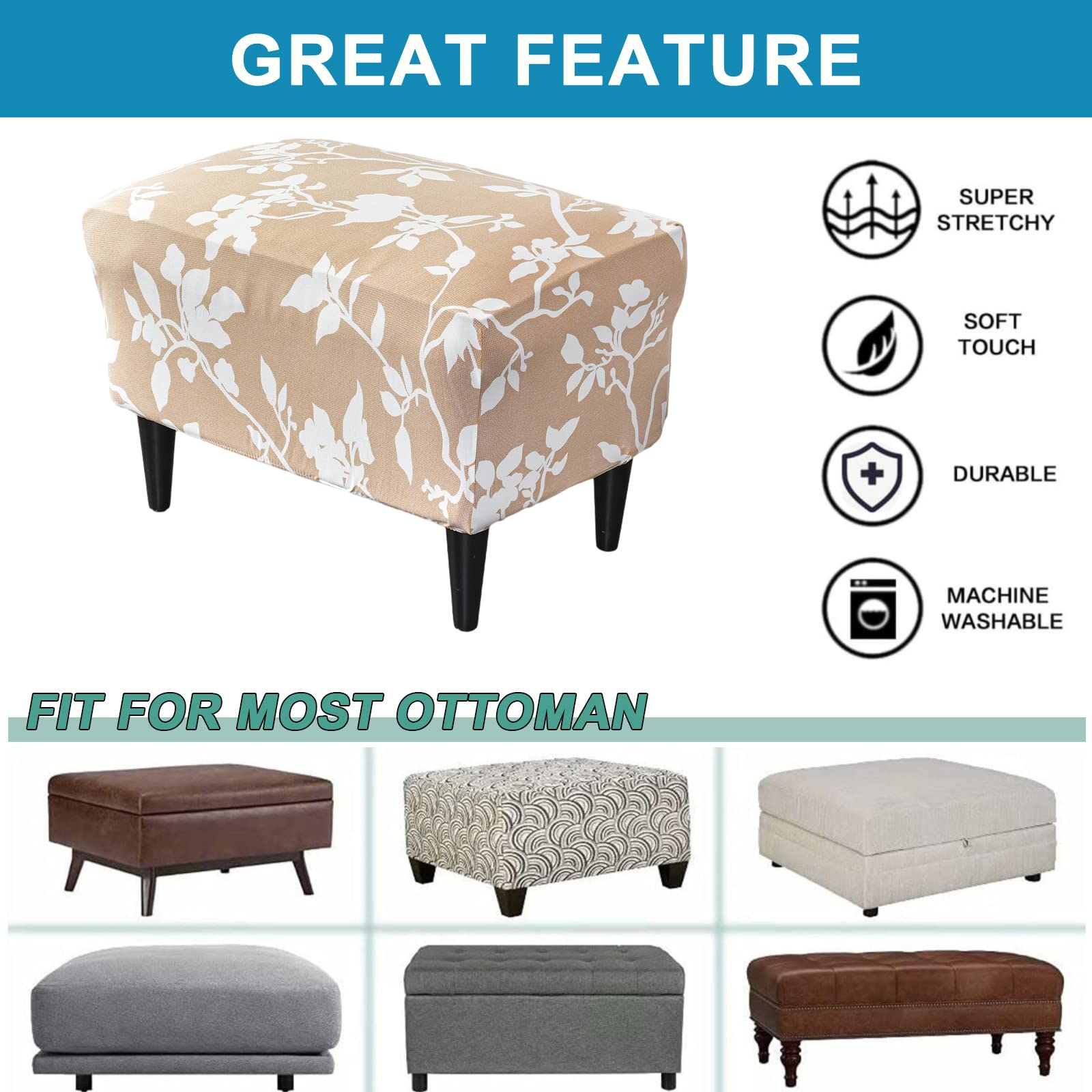 CRFATOP X-Large Printed Ottoman Chair Slipcover - Stretch Rectangle Storage Stool Cover with Elastic Bottom (38