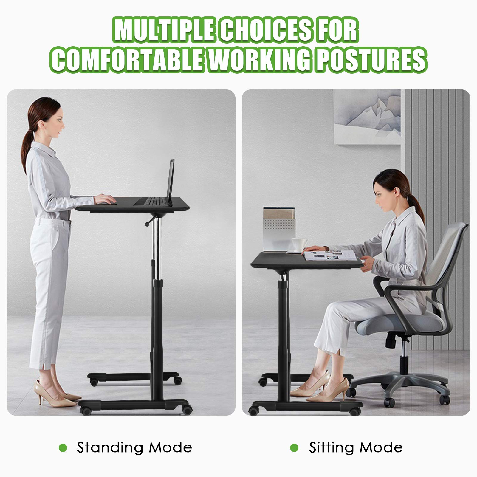 Tangkula Adjustable Height Mobile Standing Desk with Wheels - Rolling Compact Computer Desk with Steel Frame & MDF PVC Tabletop - Perfect for Home Office, Small Spaces & Remote Work (Black)
