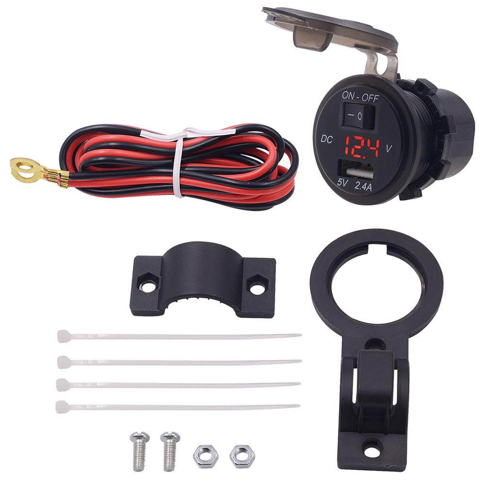 2.4A Waterproof Motorcycle USB Charger with Voltmeter & Switch - Universal for Motorcycle, Auto, Truck, ATV & Boat - Includes Fixed Bracket (Red) - Perfect for Road Trips & Outdoor Adventures