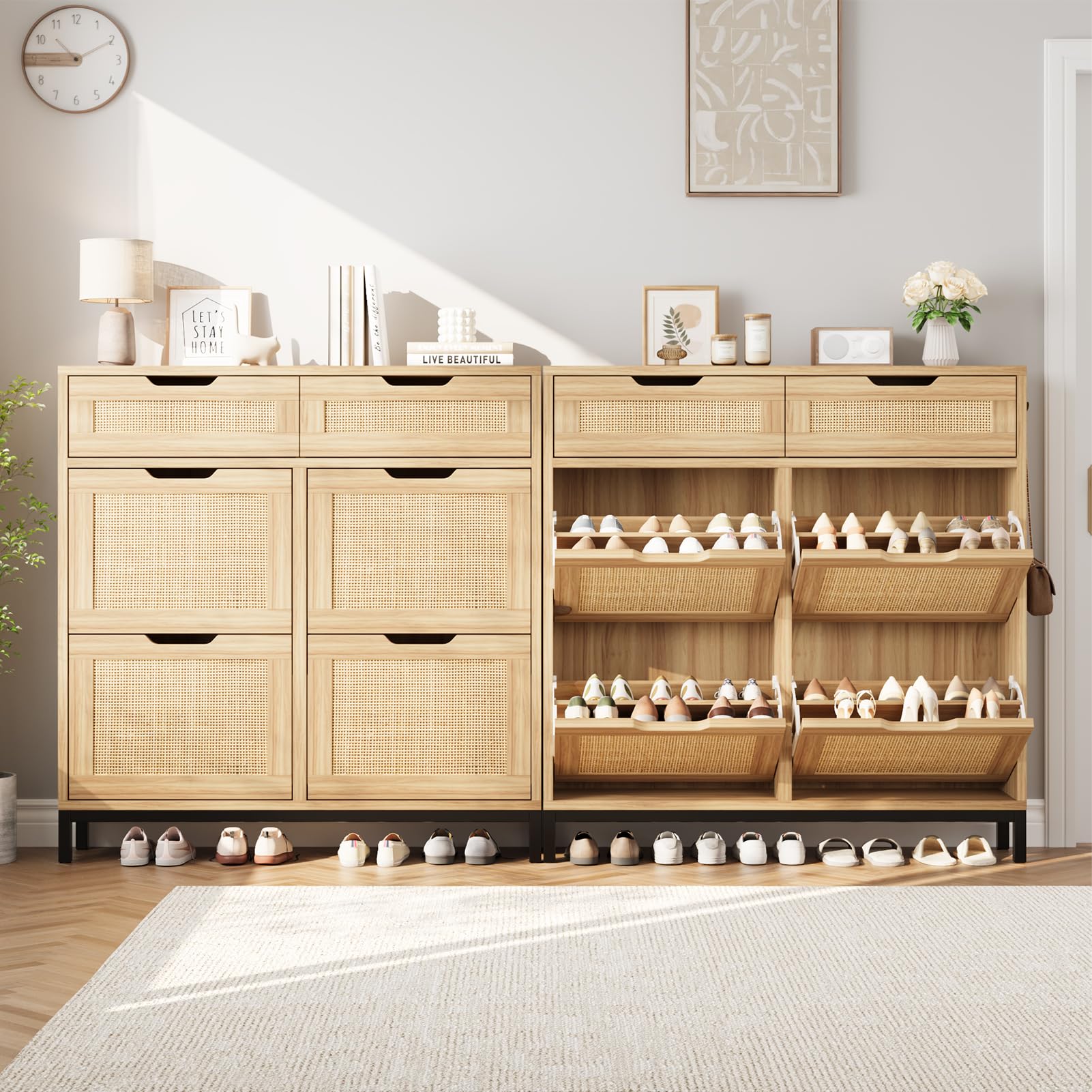 Rattan Shoe Storage Cabinet with 4 Flip Drawers - Narrow Wooden Shoe Organizer for Entryway, Hallway & Foyer - Free Standing Hidden Shoe Cabinet for Small Spaces - Perfect for Apartments, Dorm Rooms & Closets