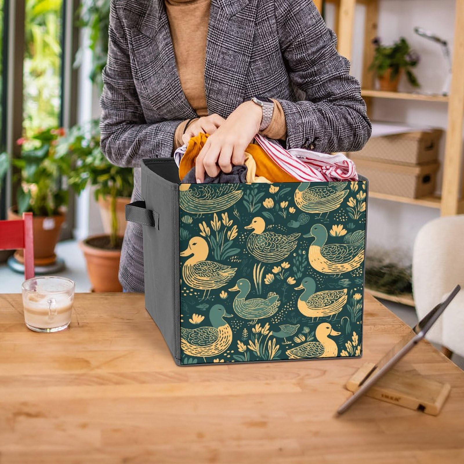 Foldable Canvas Storage Box with Duck Pattern Green Print - Organize Clothes, Toys & Home Items - Perfect for Closet, Nursery & Travel Storage