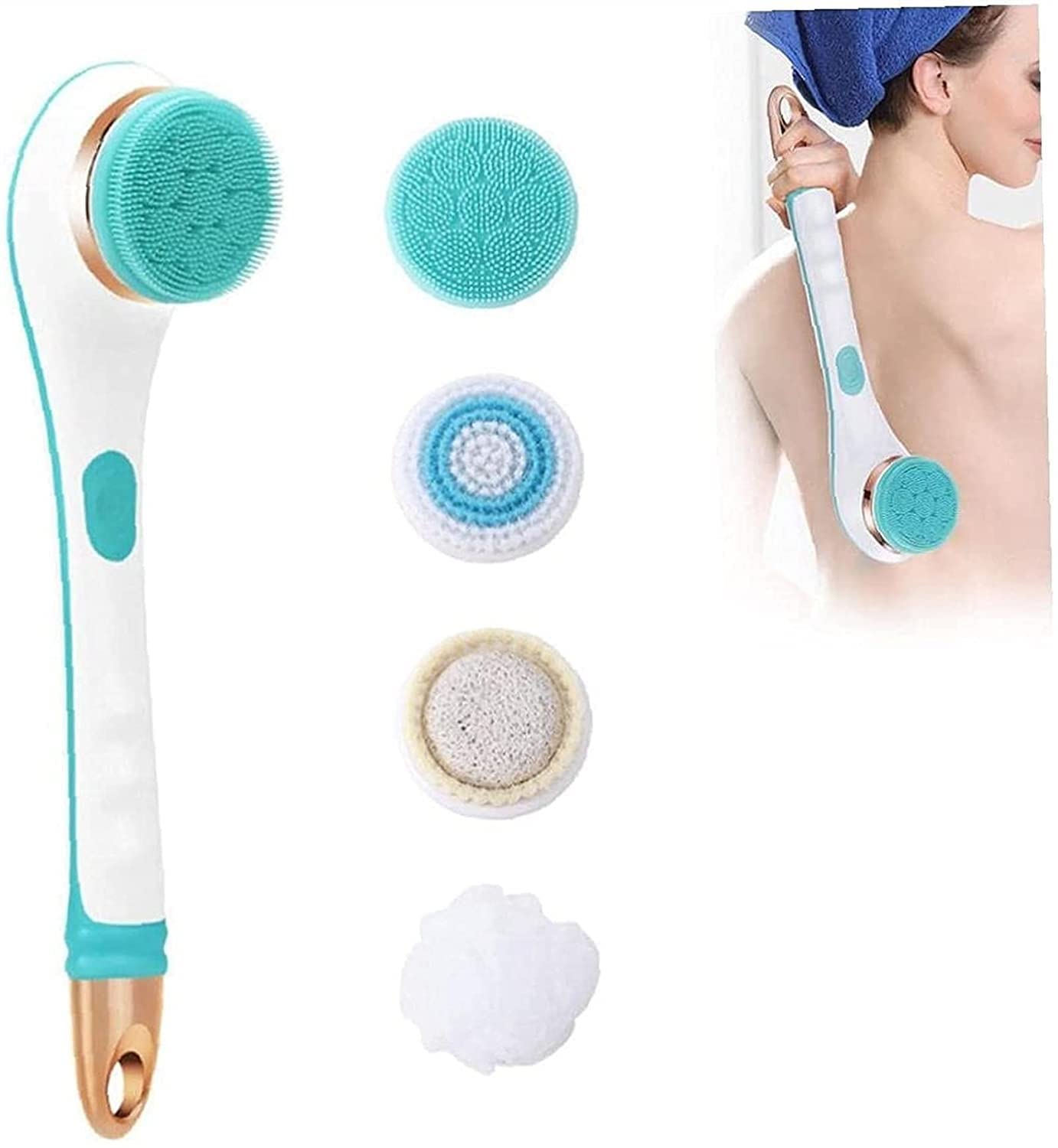 Electric Rechargeable Shower Brush with Long Handle - Waterproof Body Scrubber for Exfoliation & Cleansing | Back Scrub Brush for Men & Women | Perfect for Spa, Bath & Shower (Blue)
