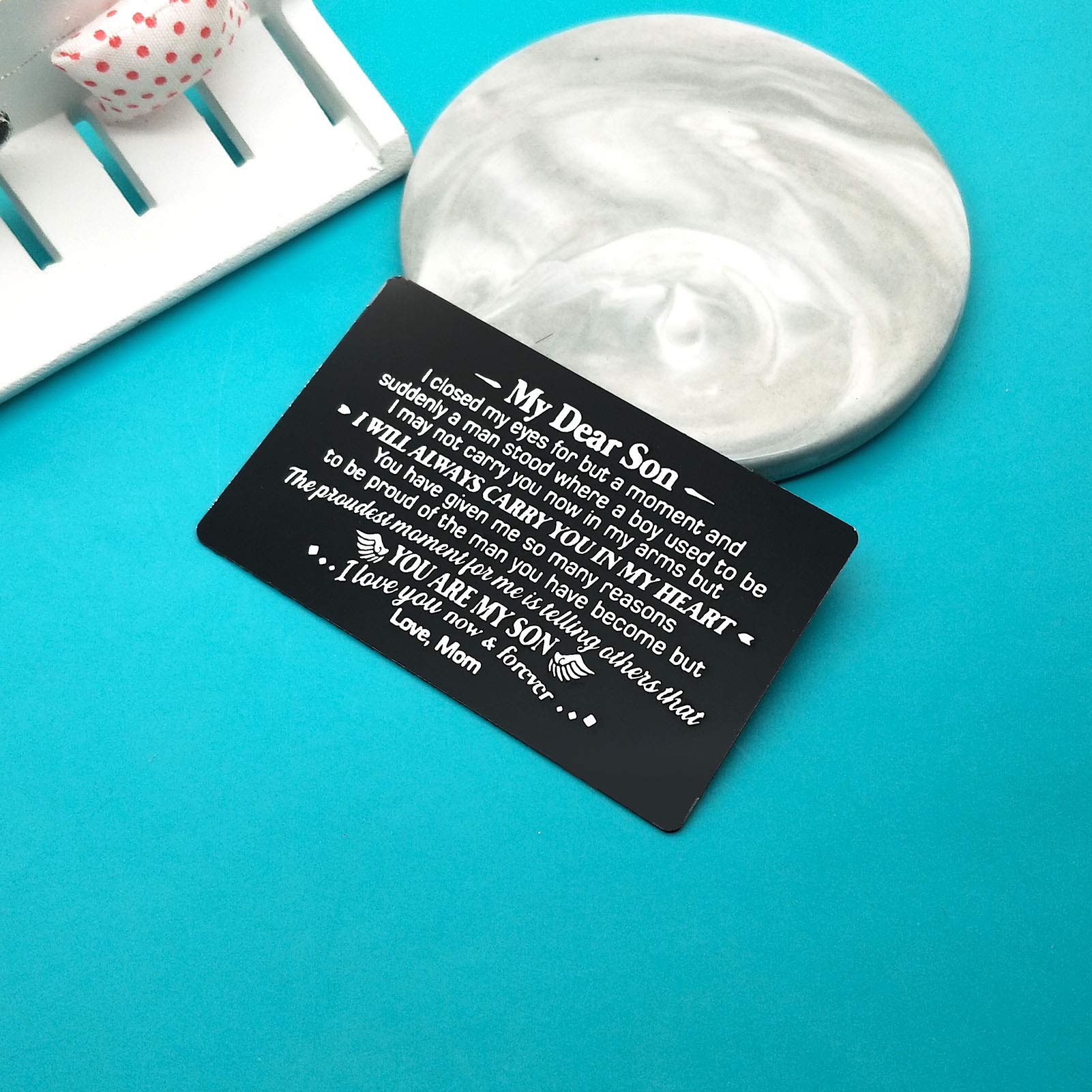 Personalized Engraved Wallet Card for Son - Inspirational Gift from Mom for Christmas, Birthday, Graduation, Wedding & Encouragement - Perfect Keepsake for Special Occasions