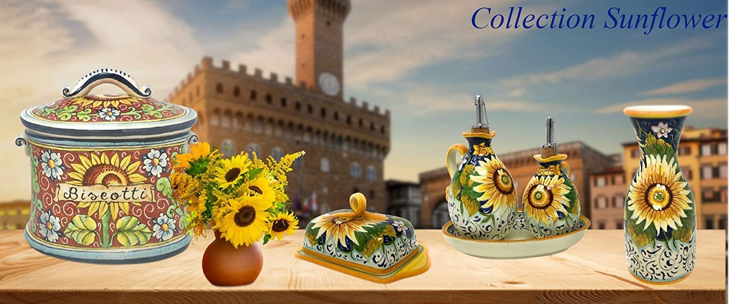 Hand-Painted Italian Ceramic Jar - Tuscan Sunflower Landscape Salt Holder | Artisanal Tuscan Pottery Made in Italy | Perfect for Kitchen Decor & Tabletop Display