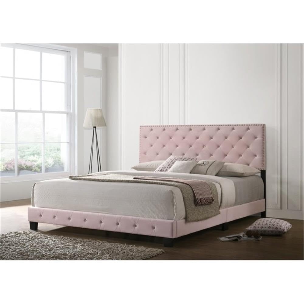 Glory Furniture Suffolk Velvet Upholstered King Size Bed Frame in Pink - Luxurious Bedroom Furniture for Master Suite & Guest Room