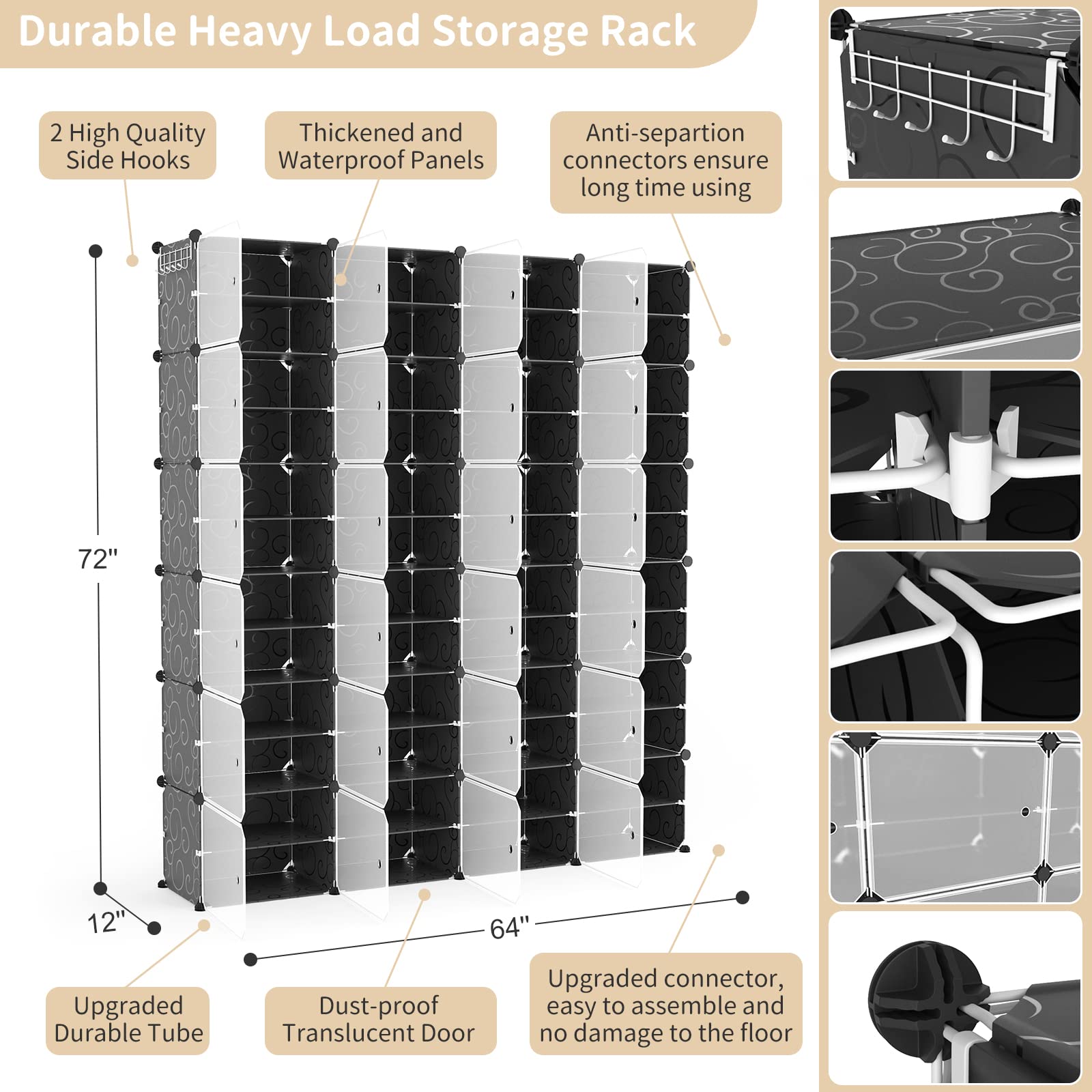 Portable Shoe Rack Organizer with Door - 96 Pairs Adjustable Stackable Shoe Storage Cabinet - Easy Assembly Plastic Free Standing Shelf for Closet, Entryway, Bedroom - DIY Expandable 12 Tier Black Shoe Organizer