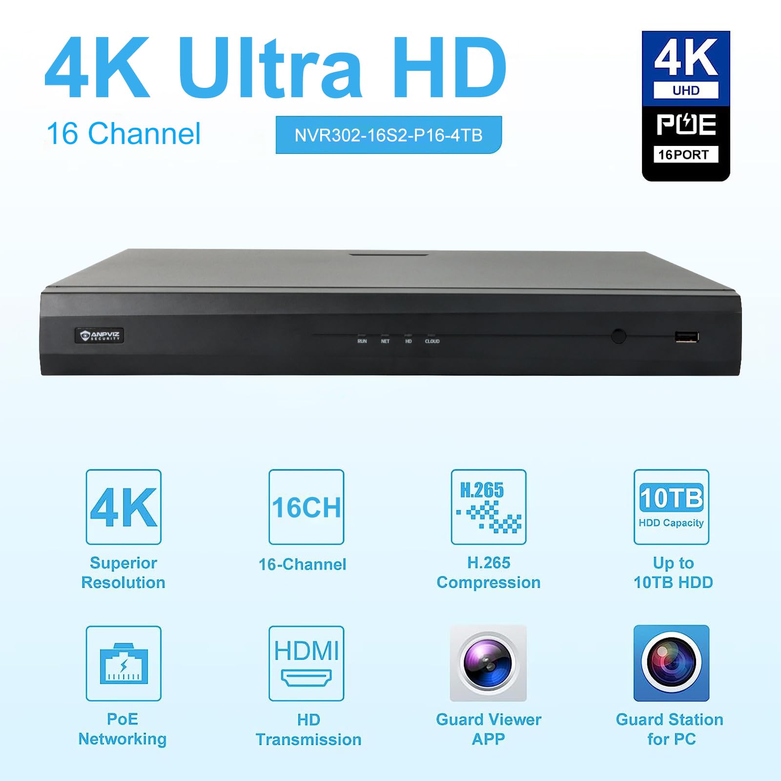 **Anpviz 4K 16CH PoE NVR Security System with Pre-Installed 4TB HDD - H.265+ 8MP/6MP/5MP/4MP/1080P IP Camera Support for Business & Home Surveillance - Ideal for Office, Retail & Warehouse Security**