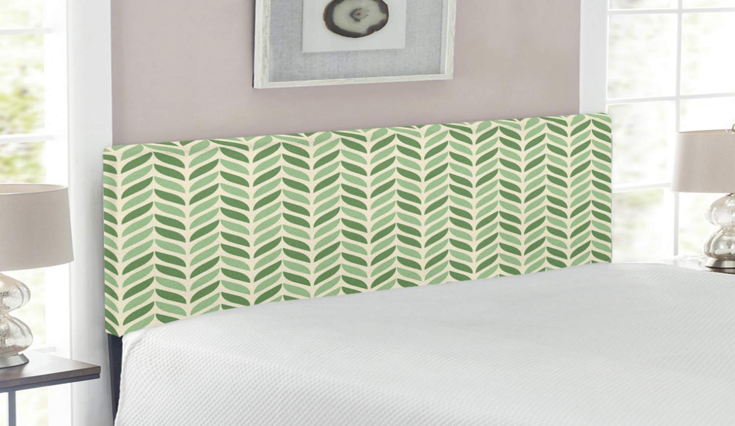 Ambesonne Retro Upholstered Headboard - Vibrant Diagonal Symmetric Green Spring Leaves Design, Queen Size Bed Headboard with Memory Foam, Nature & Gardening Theme Home Decor | Perfect for Bedroom Makeover, Guest Room Upgrade & Vintage Style Interiors