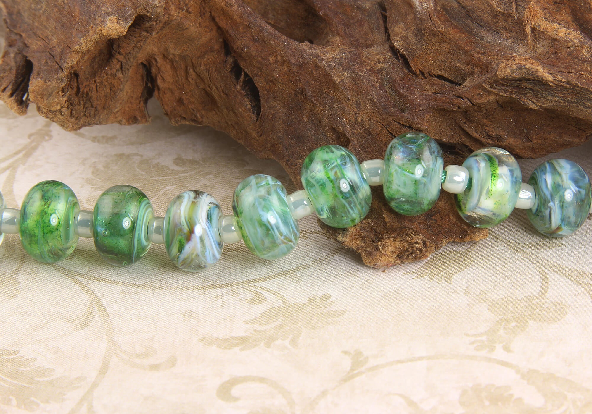 9-Piece Green Mist Lampwork Glass Beads Set for Jewelry Making - DIY Bracelet, Necklace & Craft Projects - Handmade SRA Glass Beads for Boho, Wedding & Gift Designs