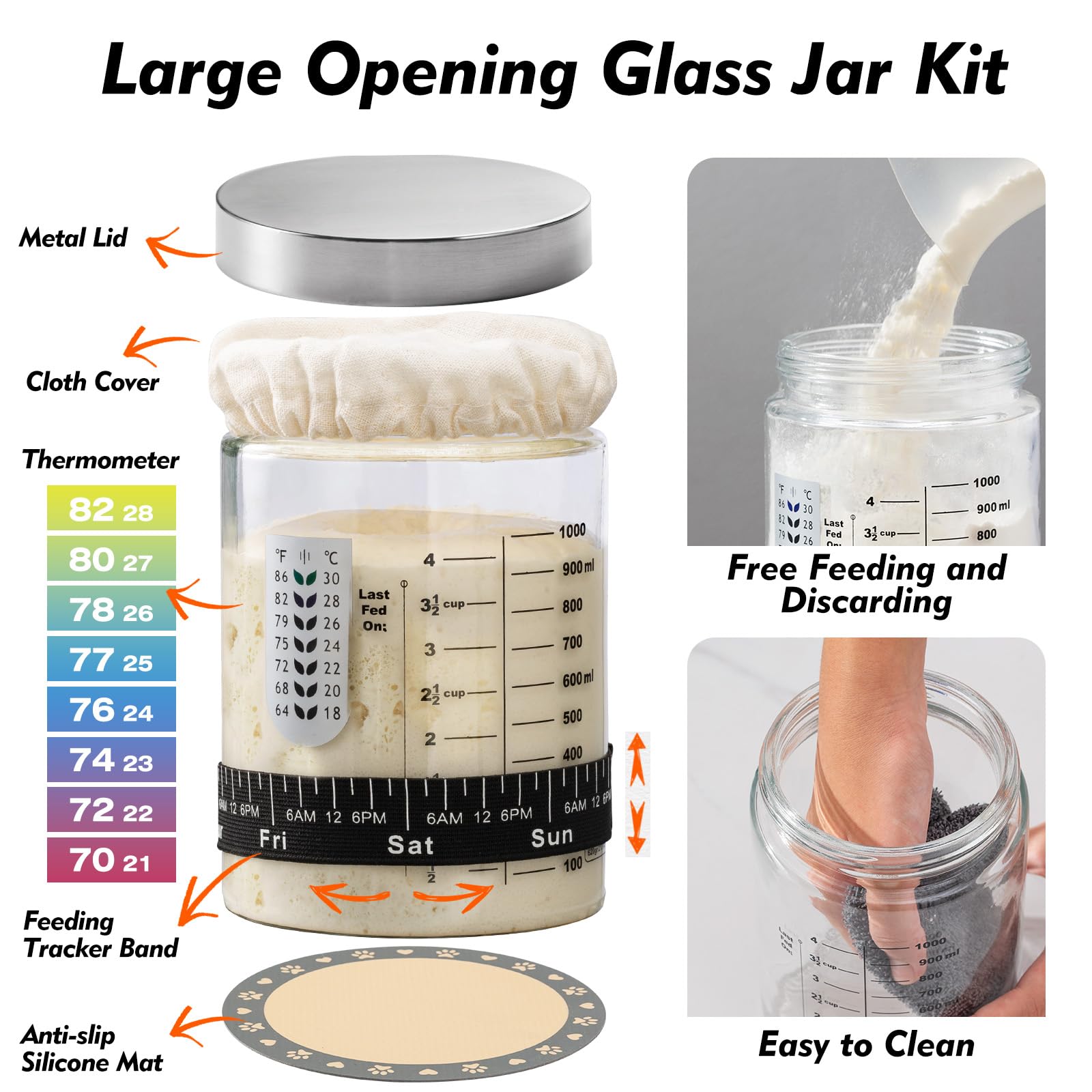 Sourdough Starter Kit - 40oz Glass Jar, Silicone Banneton Bread Proofing Basket Set (9