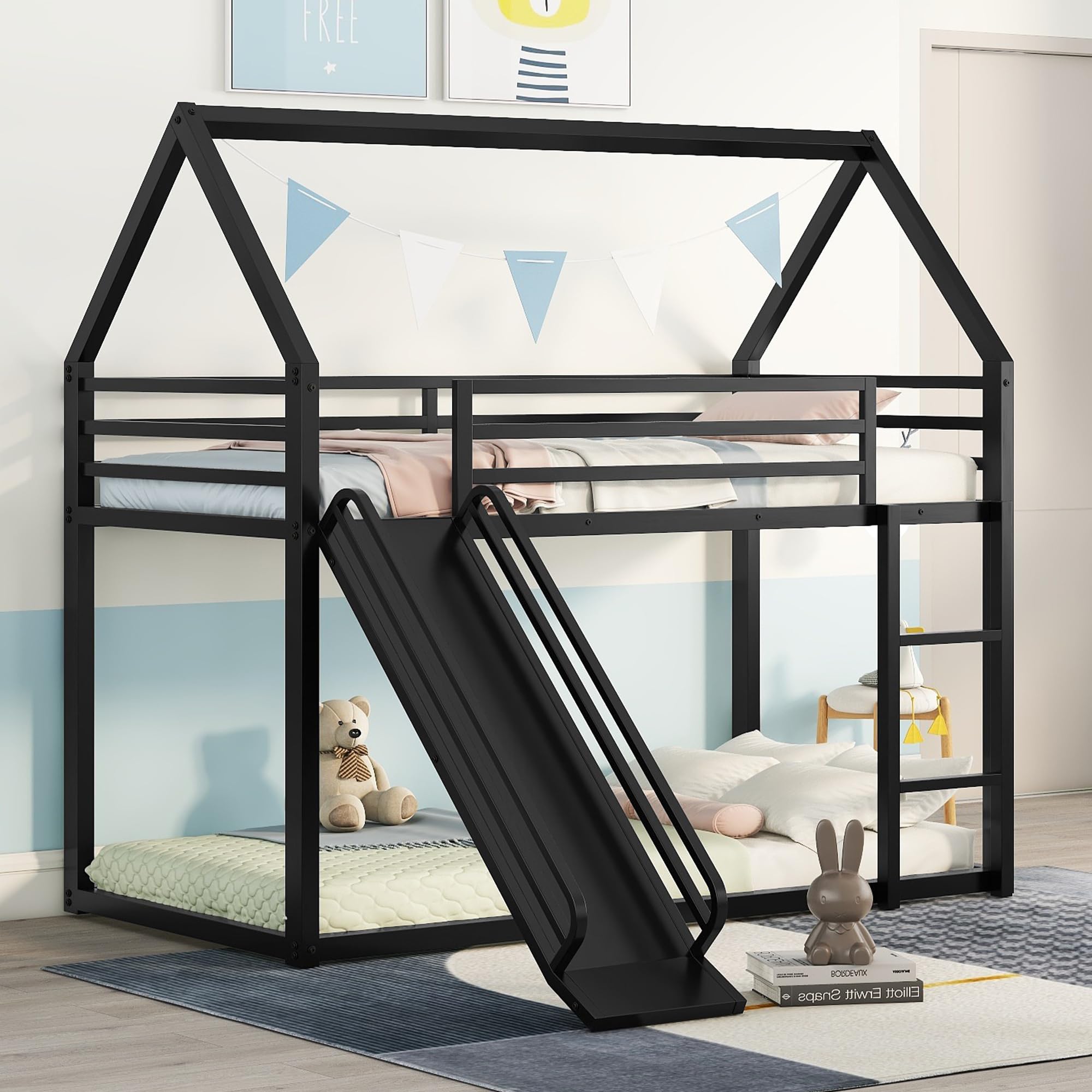 **Metal Bunk Beds with Slide for Kids - Twin Over Twin House Bunk Bed with Roof & Built-in Ladder - Space-Saving Loft Bed for Boys, Girls & Toddlers - Perfect for Small Bedrooms, Playrooms & Sleepovers (Black)**