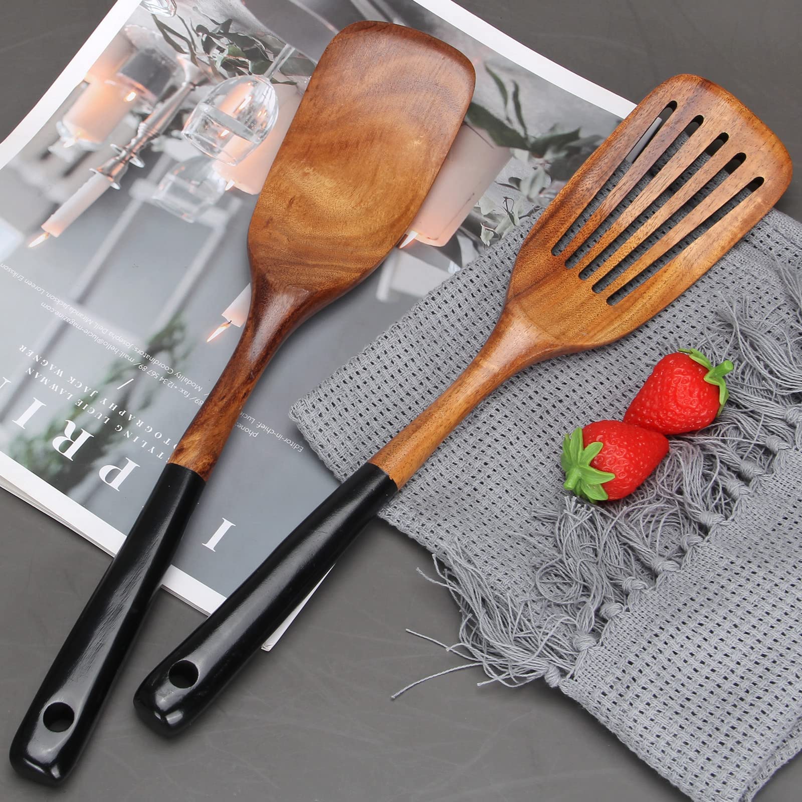 2-Piece Teak Wooden Spatula Set - Non-Toxic Kitchen Utensils for Cooking, Pancake Flipper & Wok Spatula with Slotted & Flat Design - Perfect for Flipping Fish, Eggs & Stirring Sauces (Ideal for Home Kitchen & Outdoor BBQ Use)