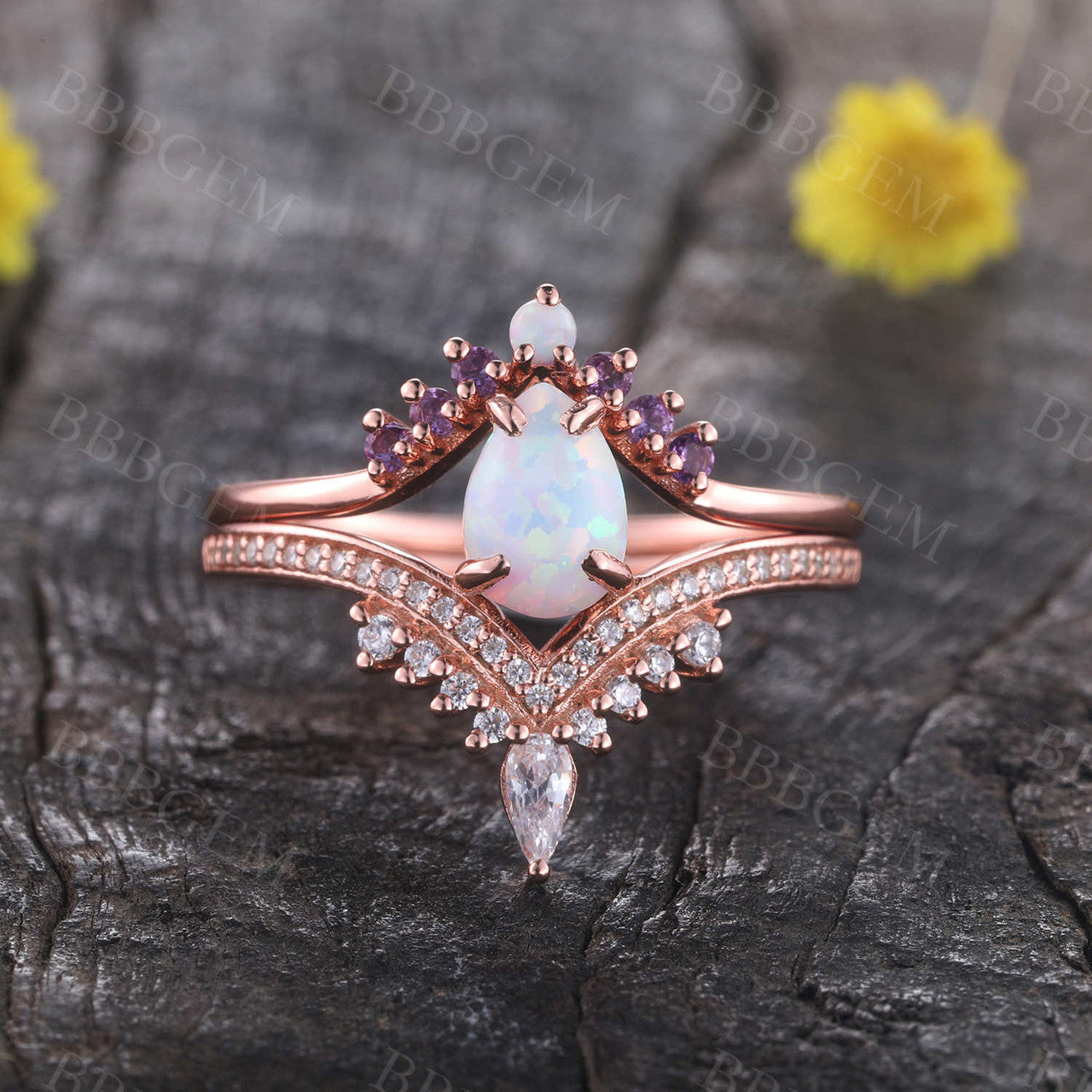 Pear Opal Engagement Ring Set - 3 Piece White Opal Wedding Band & Bridal Jewelry Set for Women, Perfect for Proposals, Anniversaries & Bridal Shower Gifts