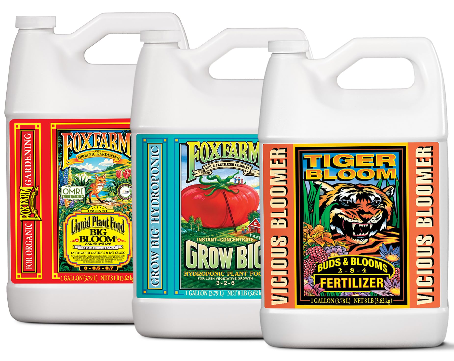 FoxFarm Liquid Nutrient Trio Hydro Formula: Big Bloom, Grow Big Hydro & Tiger Bloom - 3 x 1 Gallon Bottles for Hydroponic Systems, Indoor Gardening, Plant Growth Boost & Flowering Stage | Perfect for Hydroponic Vegetables, Herbs, and Blooming Plants in Grow Tents or Greenhouses
