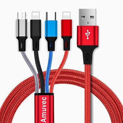 4-in-1 Fast Charging Cable [2-Pack, 4FT] - Nylon Braided Multi-Port Charger with 3A Output for iPhone 15/14/13 Pro Max, iPad Mini 6/Air, Galaxy S23, Tablets & More | Perfect for Home, Office & Travel Charging