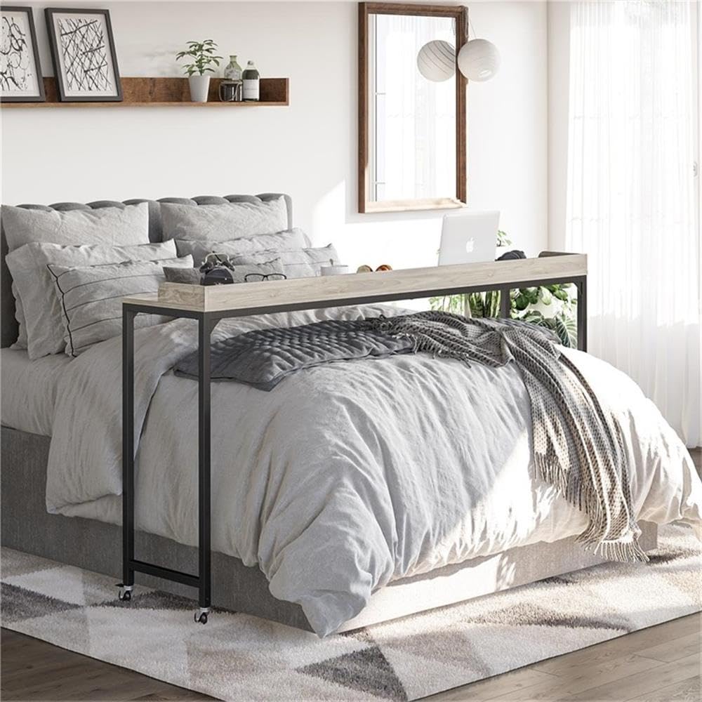 Ameriwood Home Park Hill Adjustable Height Over-The-Bed Desk with Wheels, Light Walnut - Perfect for Small Spaces, Hospital Rooms & Dormitories