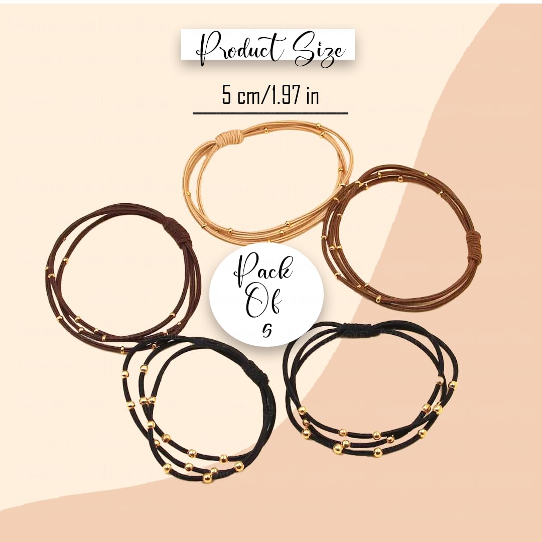 Myra Collection 5-Piece Gold Beaded Hair Ties & Bracelet Set - 3-Layer Elastic Hair Accessories for Women & Girls - Elegant Ponytail Holders for Daily Wear, Parties & Special Occasions