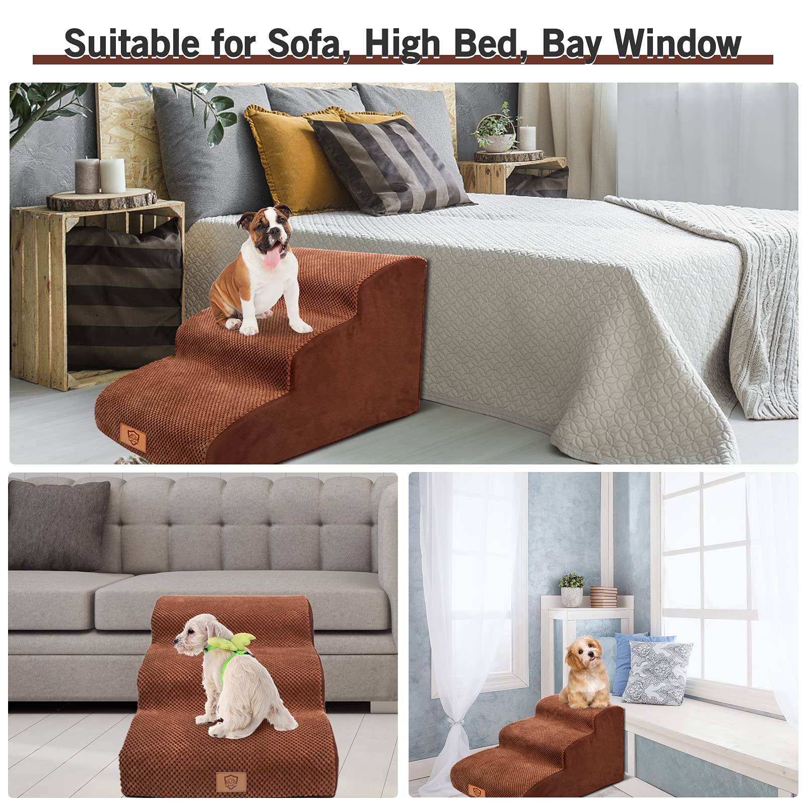 Premium 3-Tier High Density Foam Pet Steps - Non-Slip Dog & Cat Stairs for Beds & Couches, 15.7