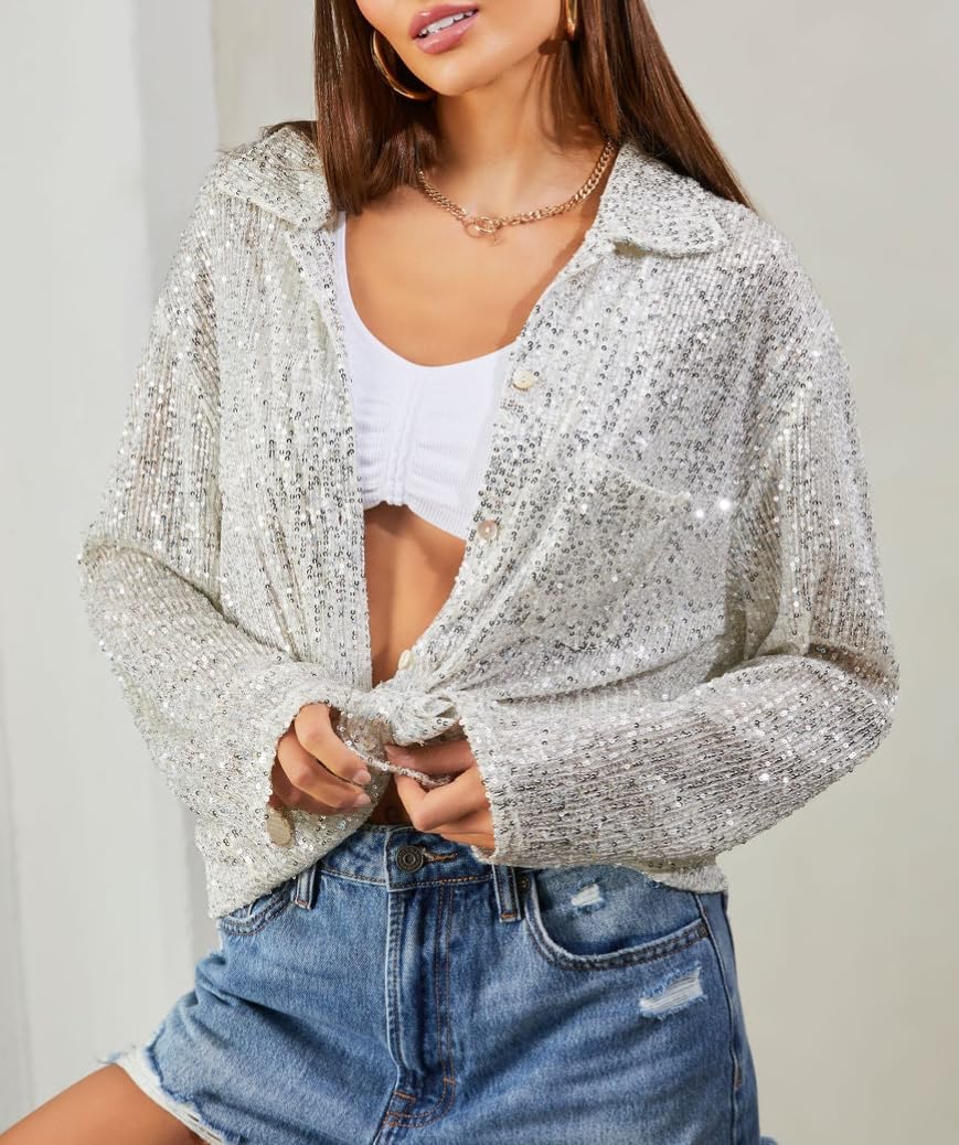 Women's Sparkly Sequin Button Front Shirt - Silver Glitter Collared Long Sleeve Blouse for Dinner Parties, Night Out & Special Occasions
