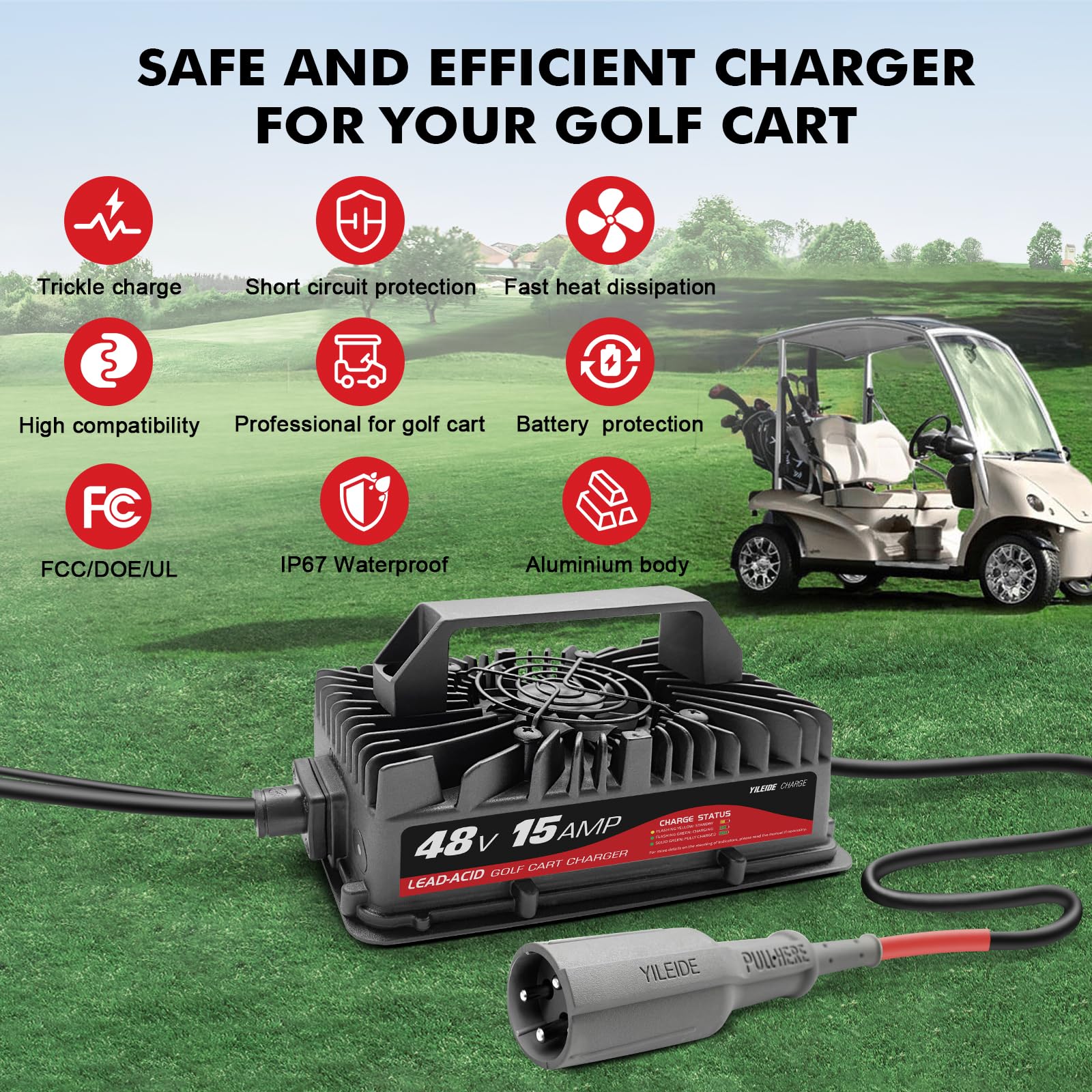 48V 15 AMP Golf Cart Charger for Club Car with 3-Pin Round Plug - Lead Acid Battery Charger for Golf Carts, Electric Vehicles & Utility Carts - Perfect for Home, Golf Course & RV Use