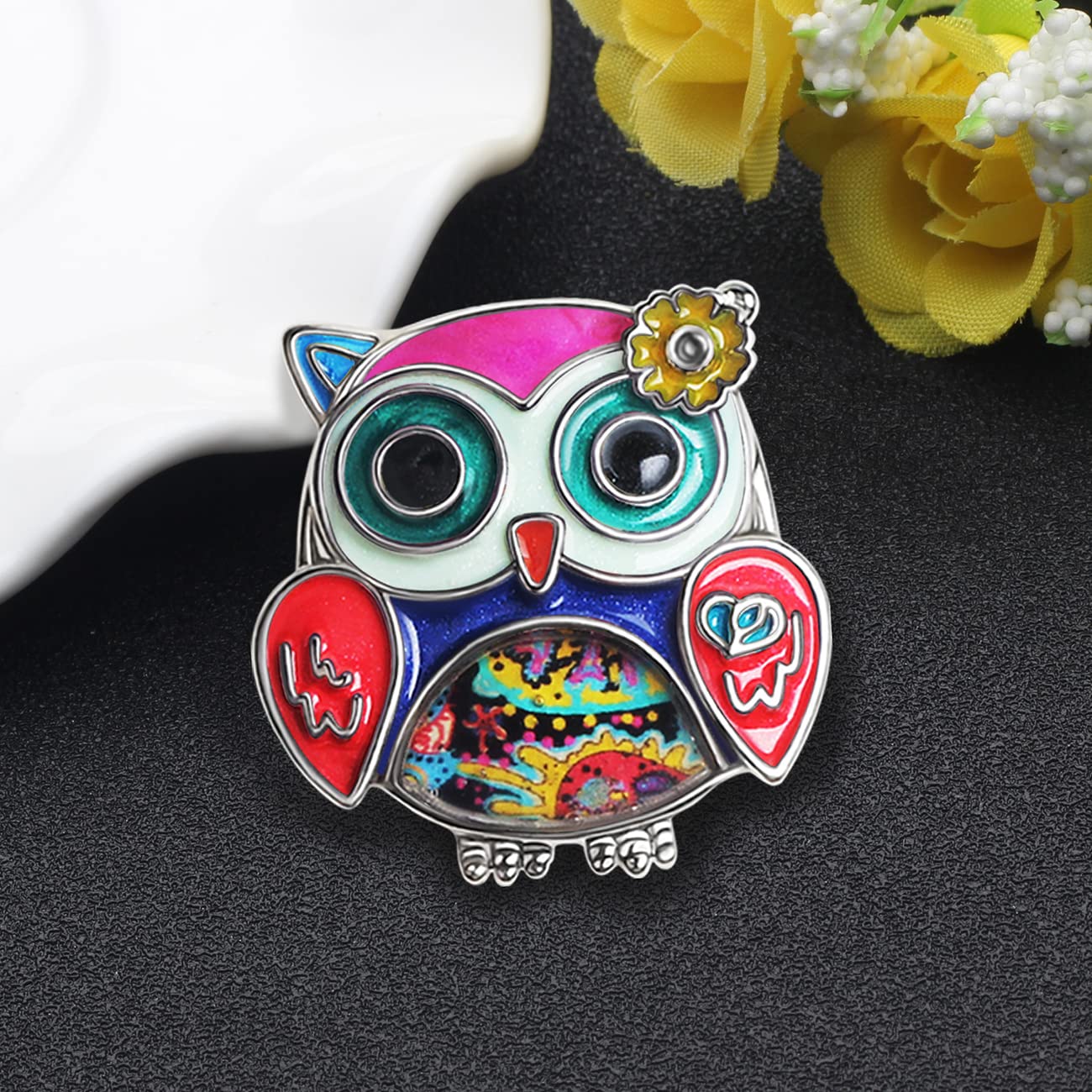 DOWAY Enamel Flower Owl Brooch Pin - Elegant Cute Owl Jewelry Gift for Women - Perfect for Dresses, Coats, Scarves & Fashion Accessories