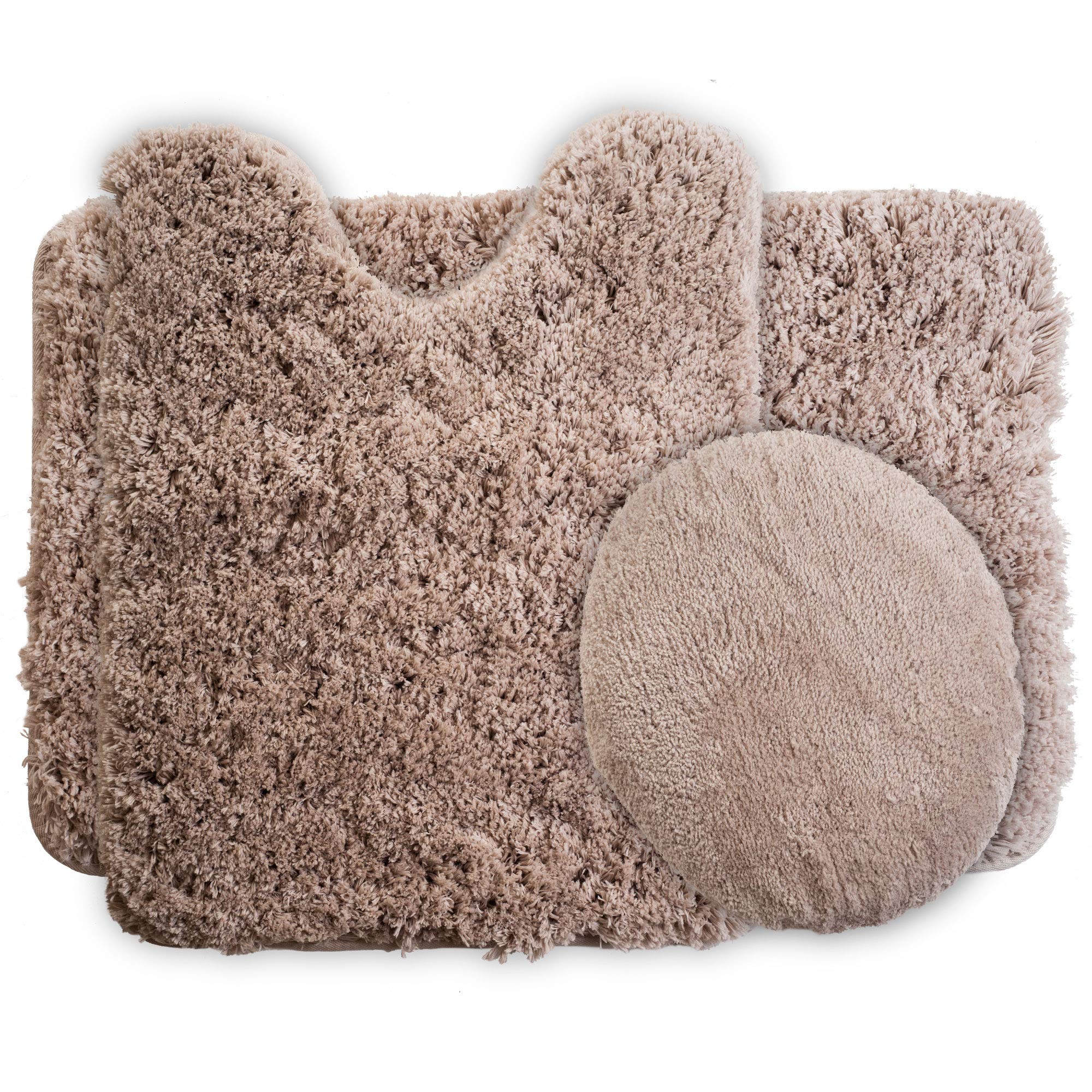Premium 3-Piece Bathroom Rug Set - Non-Slip Bath Mat with Contour Mat & Toilet Cover - Soft Machine Washable Cotton - Perfect for Bathroom Safety & Decor (Taupe) - Ideal for Master Bath, Guest Bath & Apartment Bathrooms
