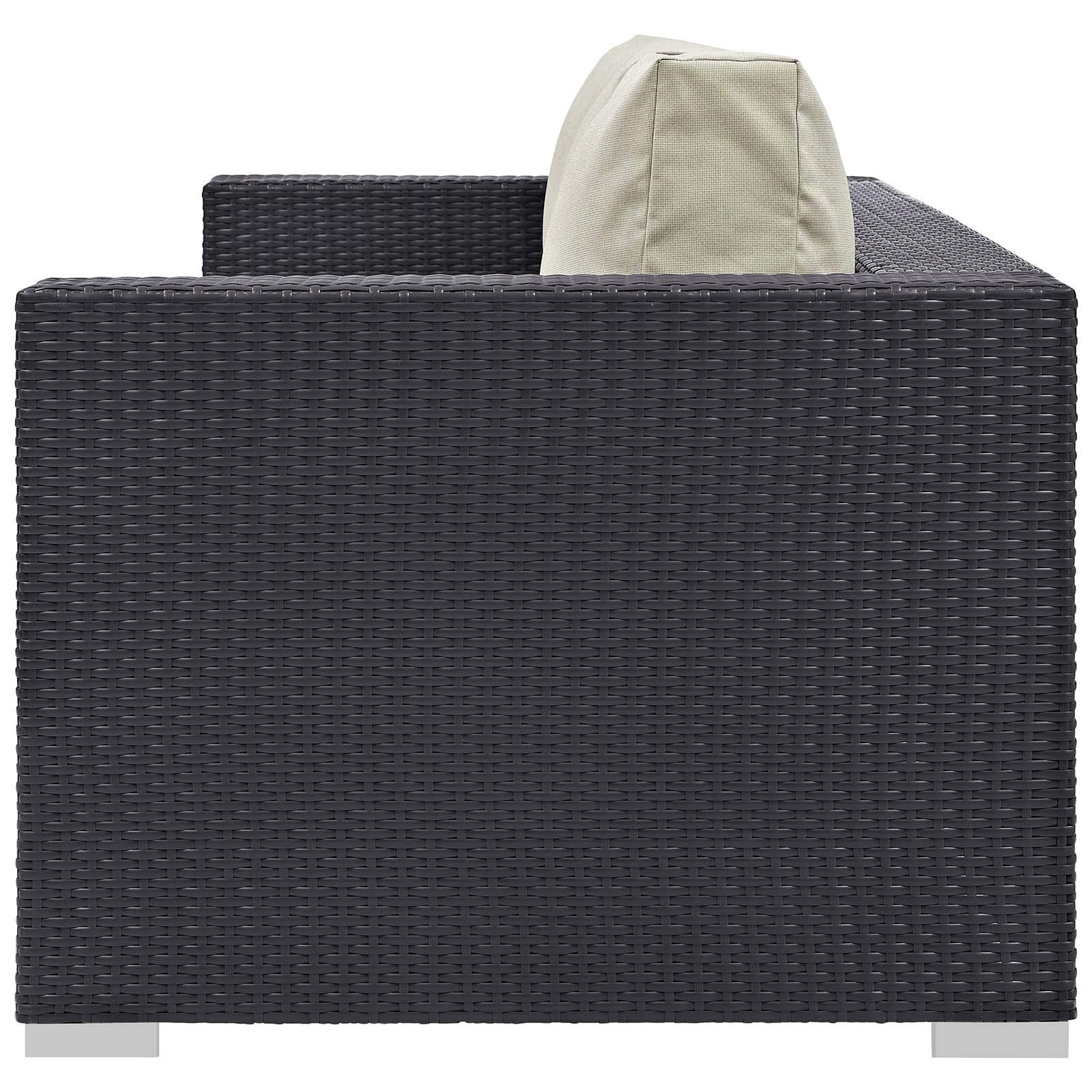 Modern Outdoor Patio Lounge Set - 3-Piece Wicker Sofa, Chair & Coffee Table with Fire Pit - Beige Rattan Furniture for Backyard, Garden, Poolside Relaxation