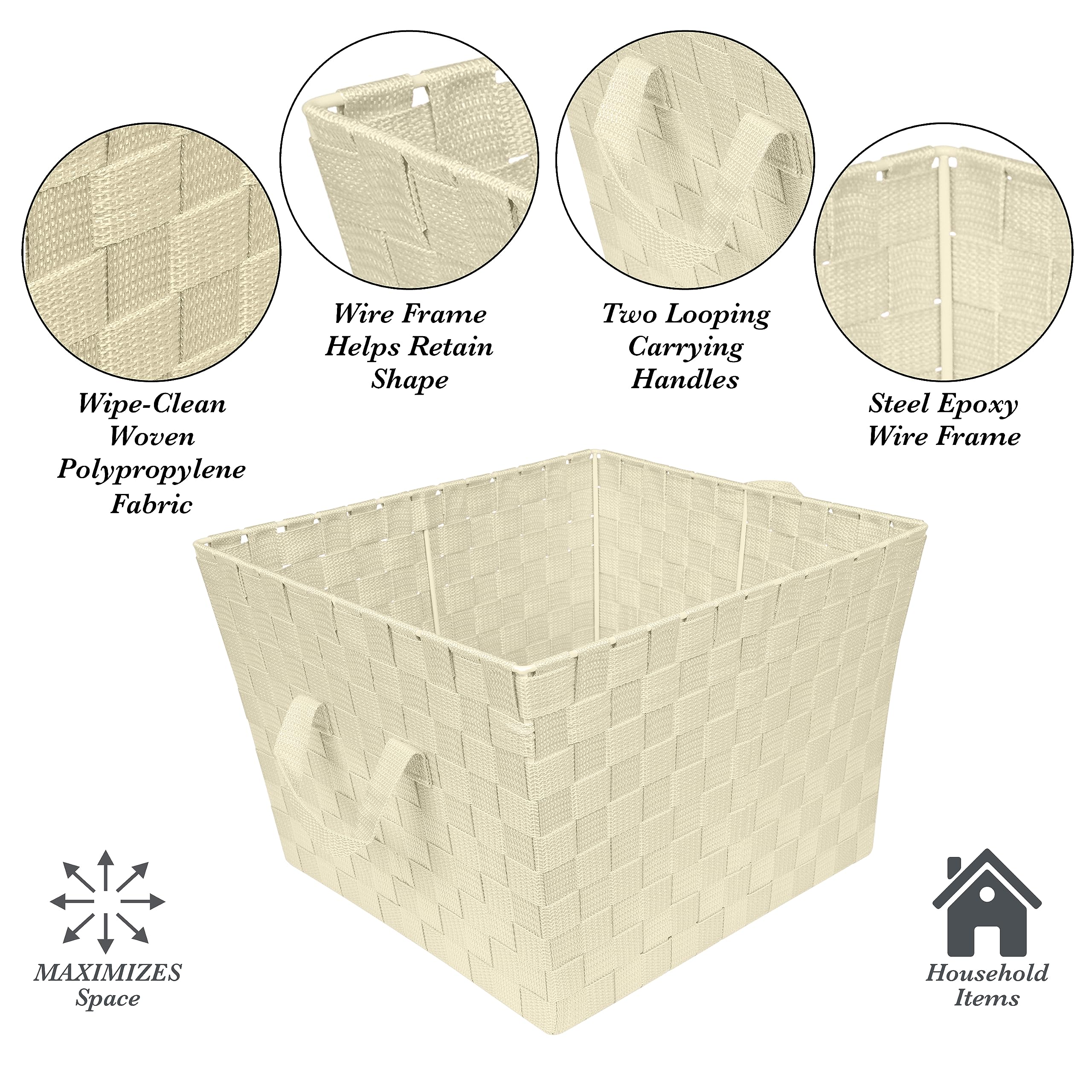 Large Woven Storage Tote Basket with Handles - 4 Pack Ivory for Bedroom, Closet & Nursery Organization