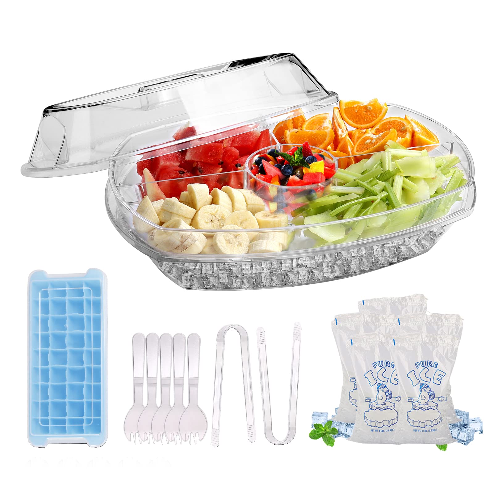 Stainless Steel Fruit Ice Serving Tray with Lid - 4 Compartment Chilled Appetizer Platter for Shrimp Cocktail, Veggies & Party Snacks | Perfect for Entertaining, BBQs & Holiday Gatherings