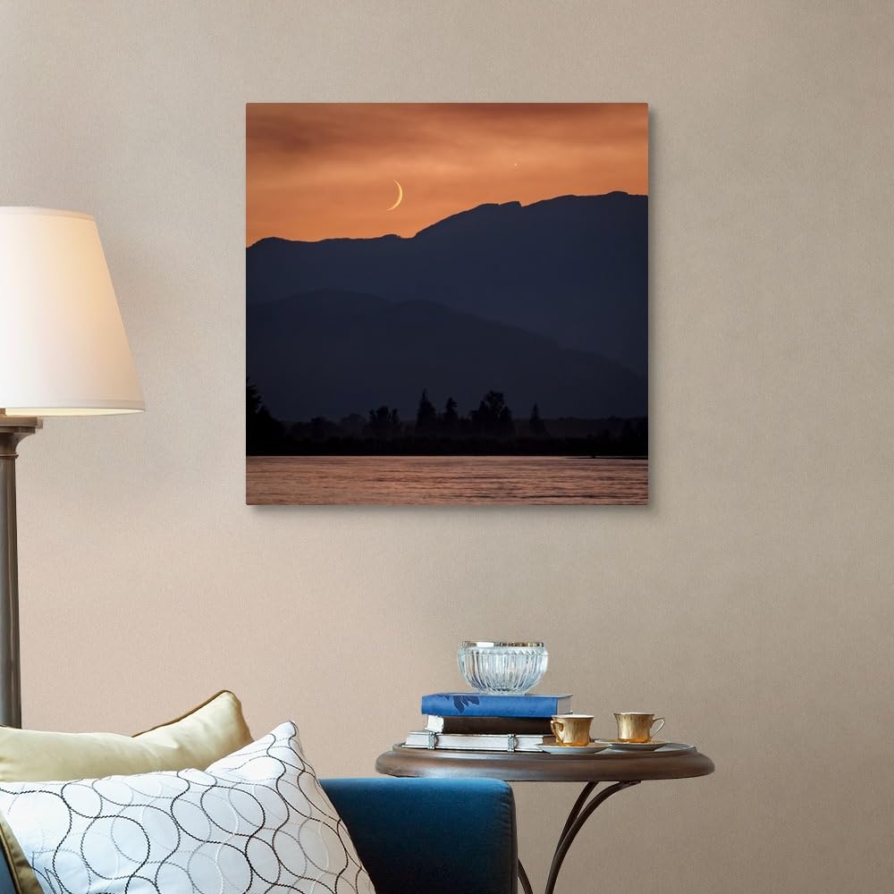 The Moon and Venus in an Orange Sky - Fraser Valley Vancouver Canada Canvas Wall Art Print by Aaron Von Hagen | 30x30 Inch Home Decor & Planets Artwork | Perfect for Living Room, Bedroom or Office Decor