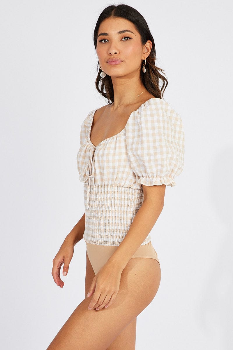 Beige Check Pattern Bodysuit Short Sleeve for Women - Comfortable Stretchy T-Shirt Style Top for Casual Wear & Layering