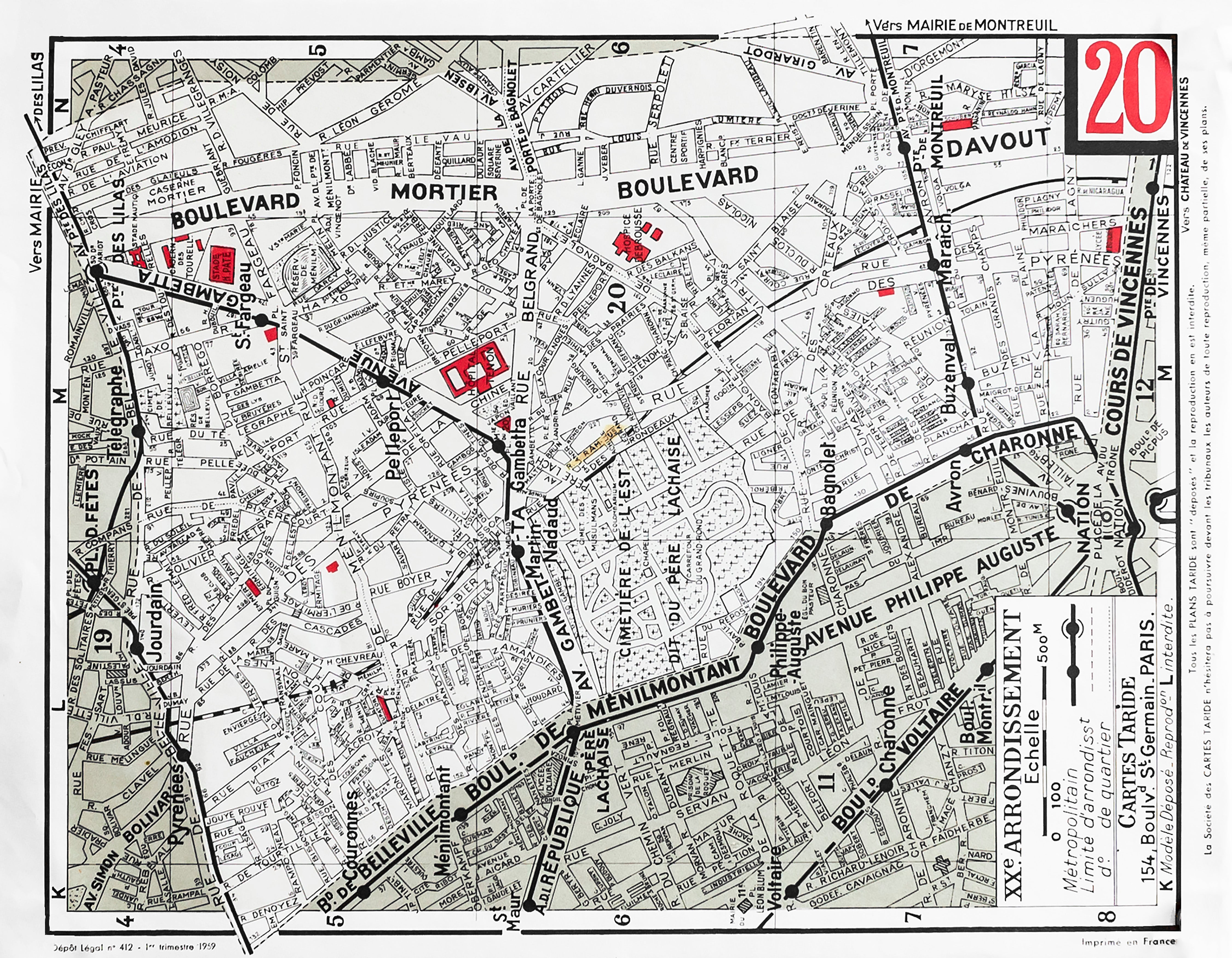 1959 Original Cartes Tarides Vintage Map of Paris - 20th Arrondissement | Antique French City Map for Home Decor, Travel Gifts & History Enthusiasts