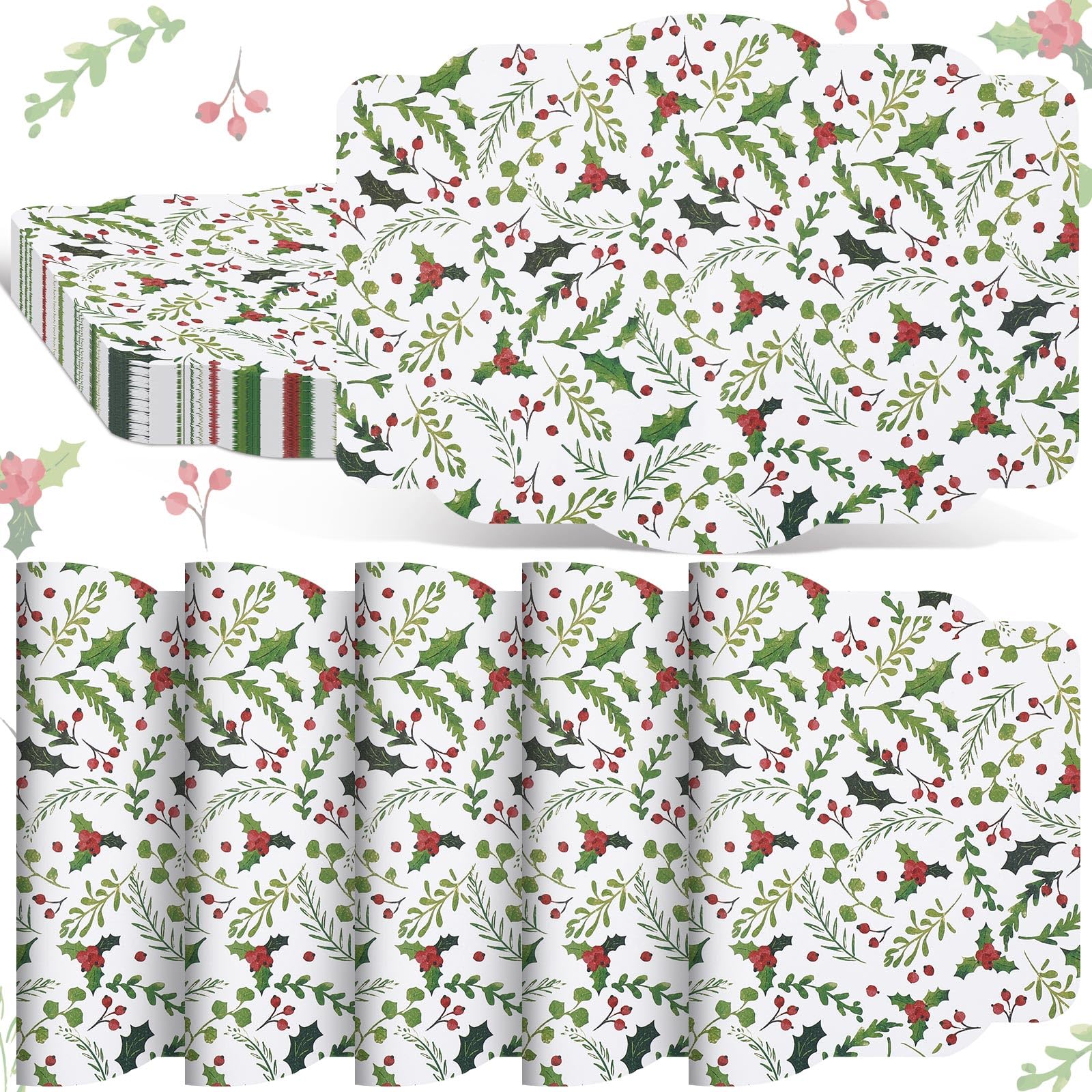 Lallisa 100-Pack Christmas Berry Paper Placemats 14x10 Inch - Disposable Rectangle Table Mats for Dining, Kitchen, Holiday Parties | Perfect for Christmas, Weddings & Festive Gatherings