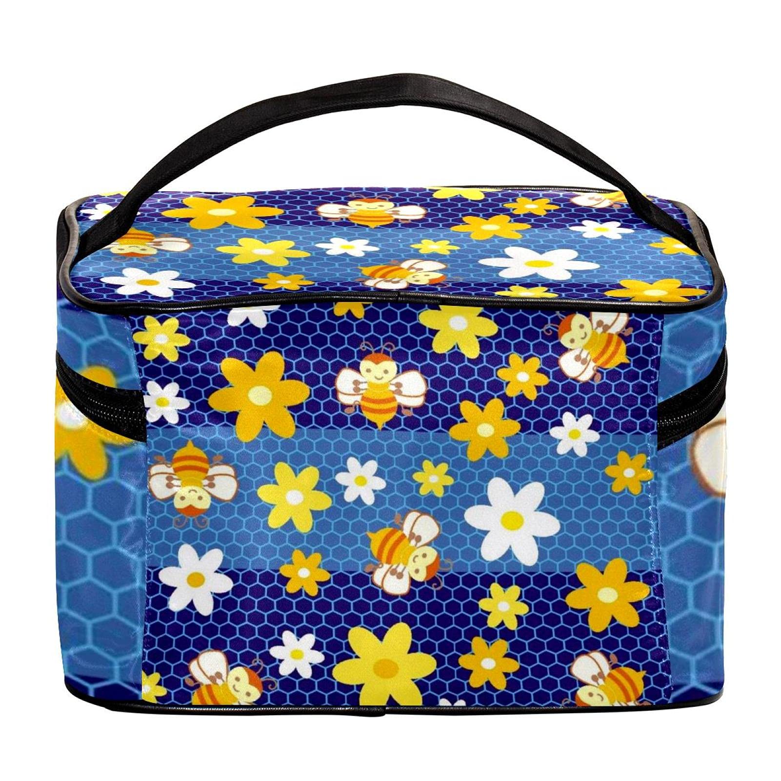 Cute Cartoon Bee Honeycomb Print Large Travel Makeup Bag - Waterproof Cosmetic Organizer with Zipper for Women & Girls | Perfect for Toiletries, Travel Essentials & Daily Beauty Storage