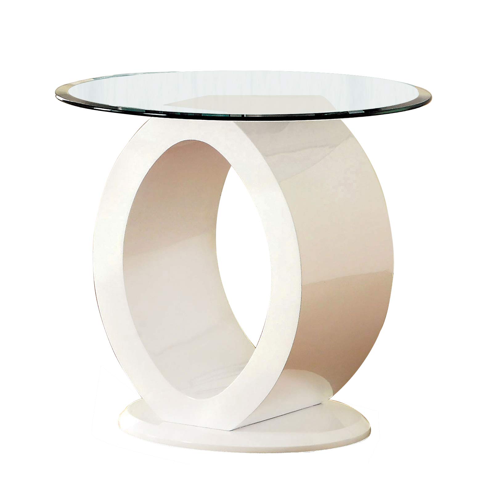 Benjara Modern White Tempered Glass End Table with O-Shaped Base - Perfect for Living Room, Bedroom, or Office Decor