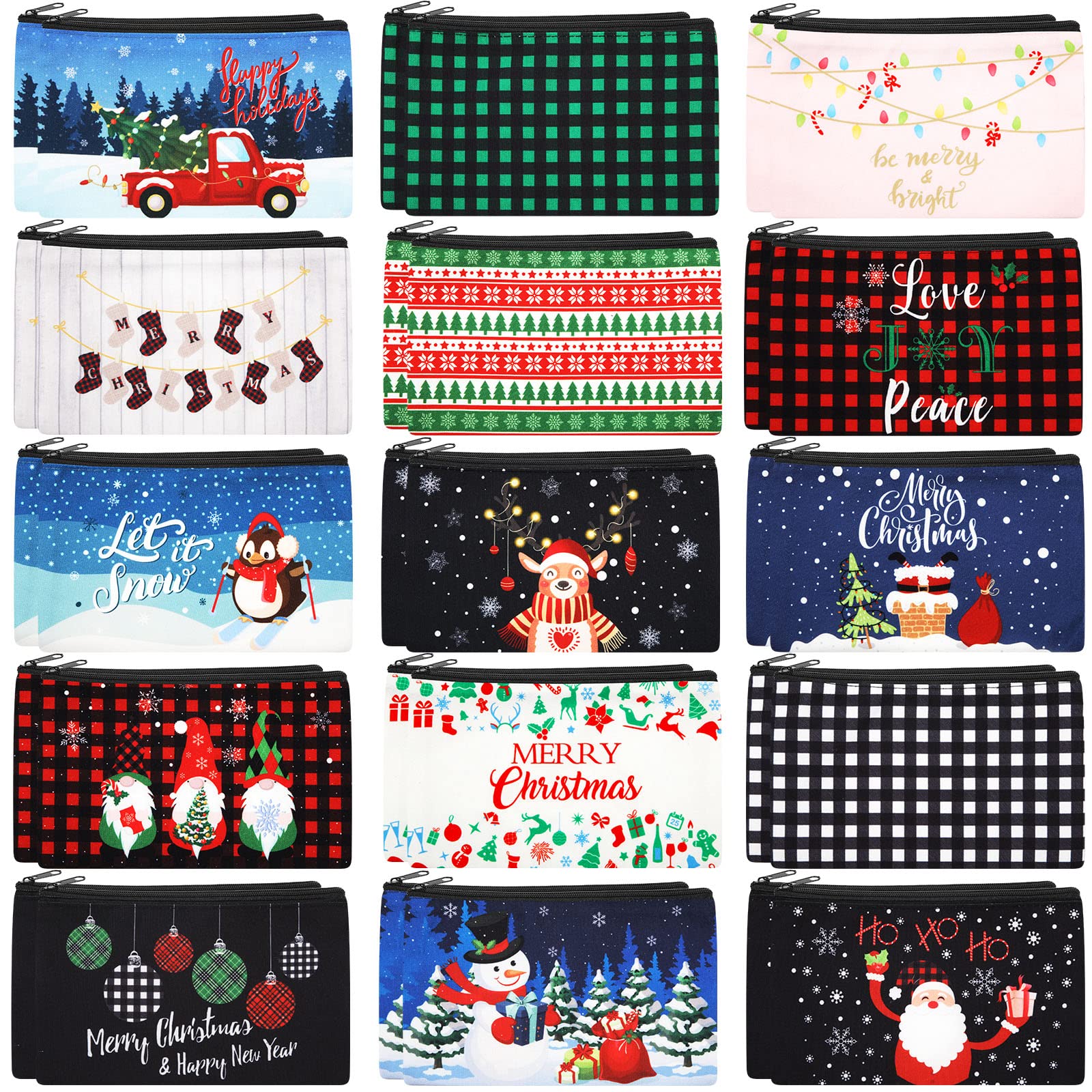 Saintrygo 30-Piece Christmas Makeup Gift Set - Plaid Cosmetic Bags with Snowman & Reindeer Designs (Multicolor) - Perfect for Holiday Party Favors, Stocking Stuffers & Secret Santa Gifts