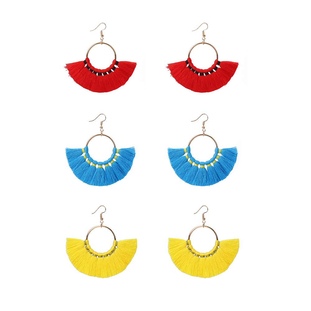 Houlife 3 Pairs Alloy Bohemian Statement Tassel Hoop Earrings for Women - Fan Shape Thread Dangle Drop Hook Earrings (21G/0.7mm) | Perfect for Parties, Weddings & Everyday Fashion Accessories