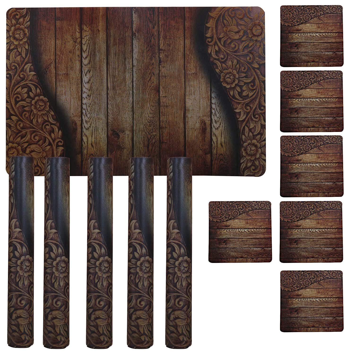 Premium 6-Piece Wooden Design PVC Dining Table Placemat Set with Tea Coasters - Brown (CTKTC032180) | Elegant Table Setting for Home, Restaurant & Dinner Parties