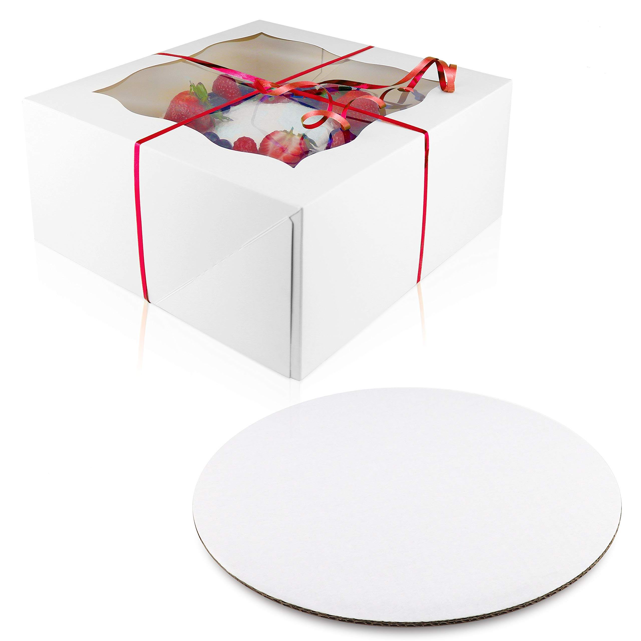 10-Pack 10x10x5 Inch Cake Boxes with Round Cake Boards - Sturdy Window Cardboard Cake Containers for Birthday, Wedding & Party Desserts - Bulk Baking Supplies for Professional & Home Bakers