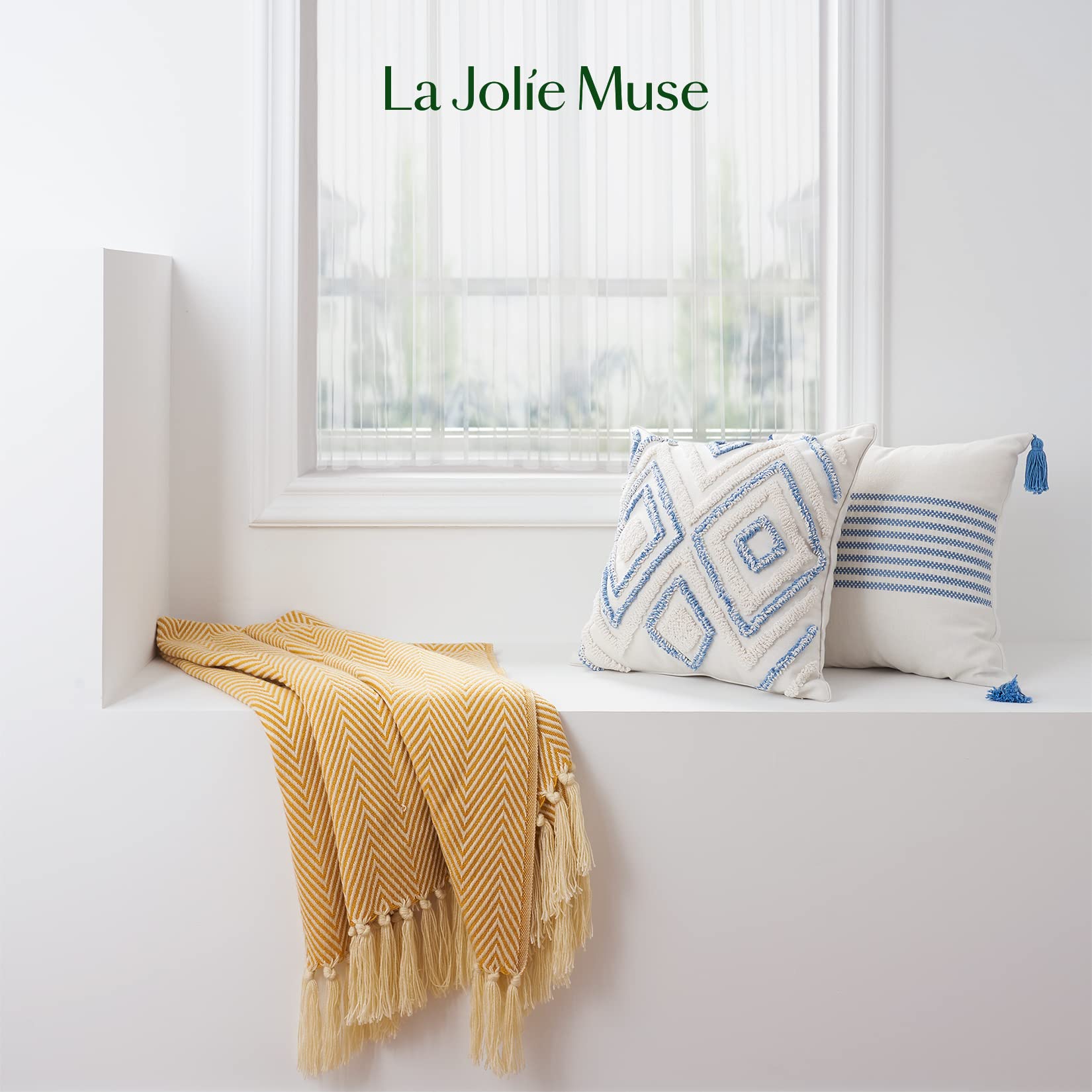 LA JOLIE MUSE Boho Throw Pillow Covers Set of 2 - 20x20 Inch Farmhouse Decorative Square Pillow Cases for Couch, Sofa & Bed - Blue and White Striped Design - Perfect for Living Room, Bedroom & Home Decor