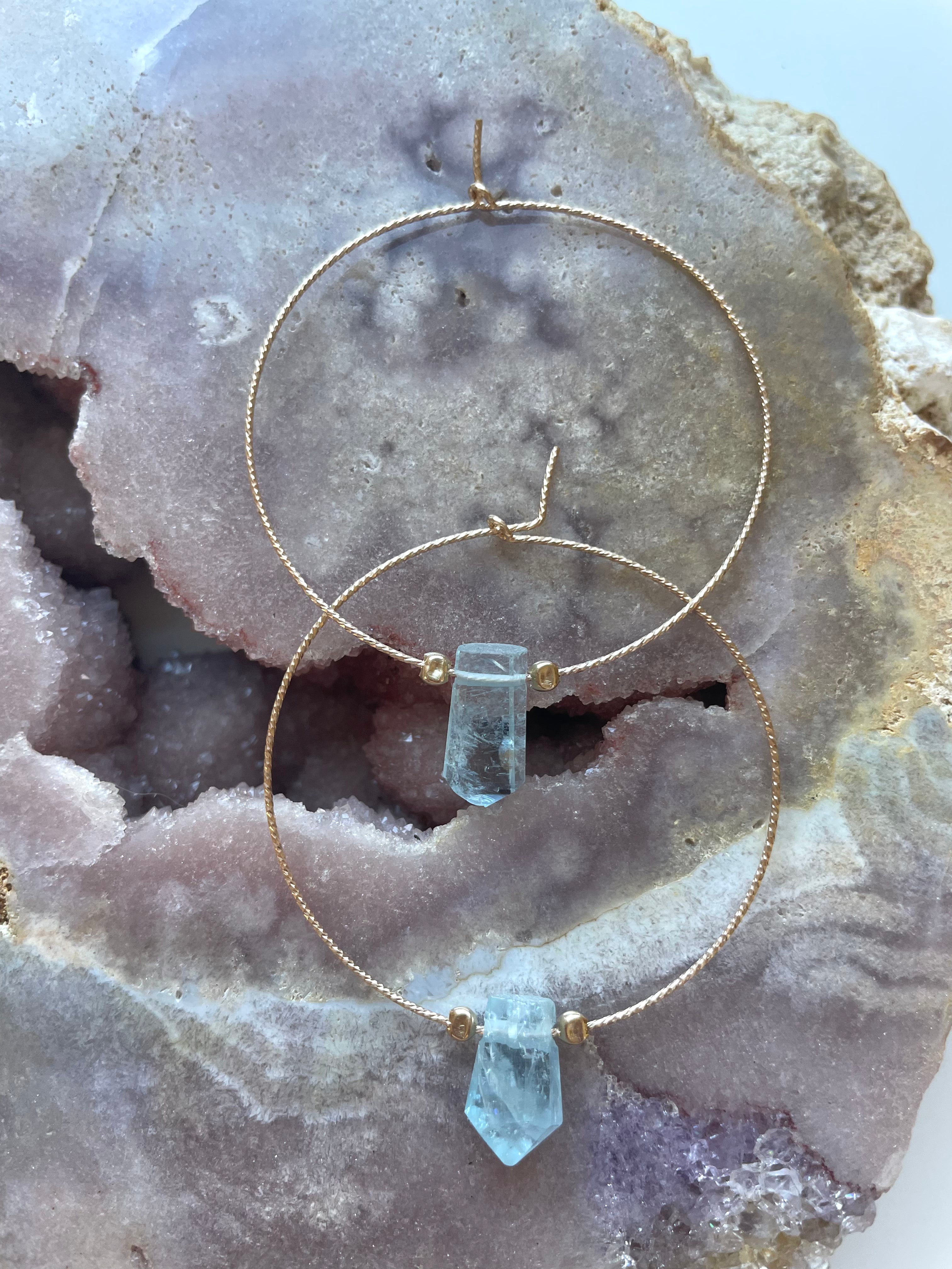 Thin Aquamarine Boho Hoop Earrings - 14K Gold Filled Dainty Jewelry for Women - Perfect for Beach Weddings & Boho Fashion