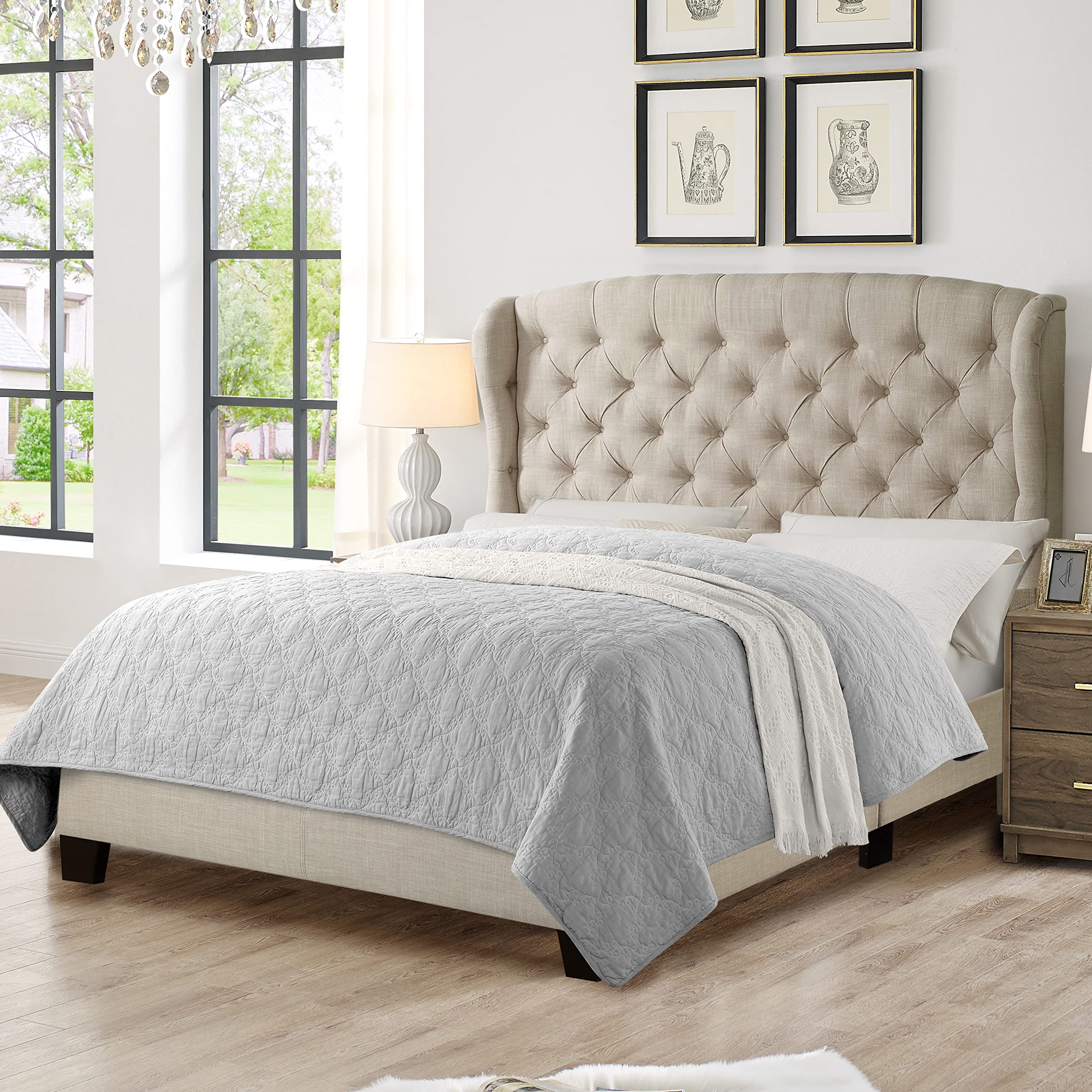 Rosevera Issac King Size Bed Frame with Adjustable Headboard & Button Tufting Design - Natural Beige Upholstered Bed for Master Bedroom, Guest Room & Luxury Home Decor