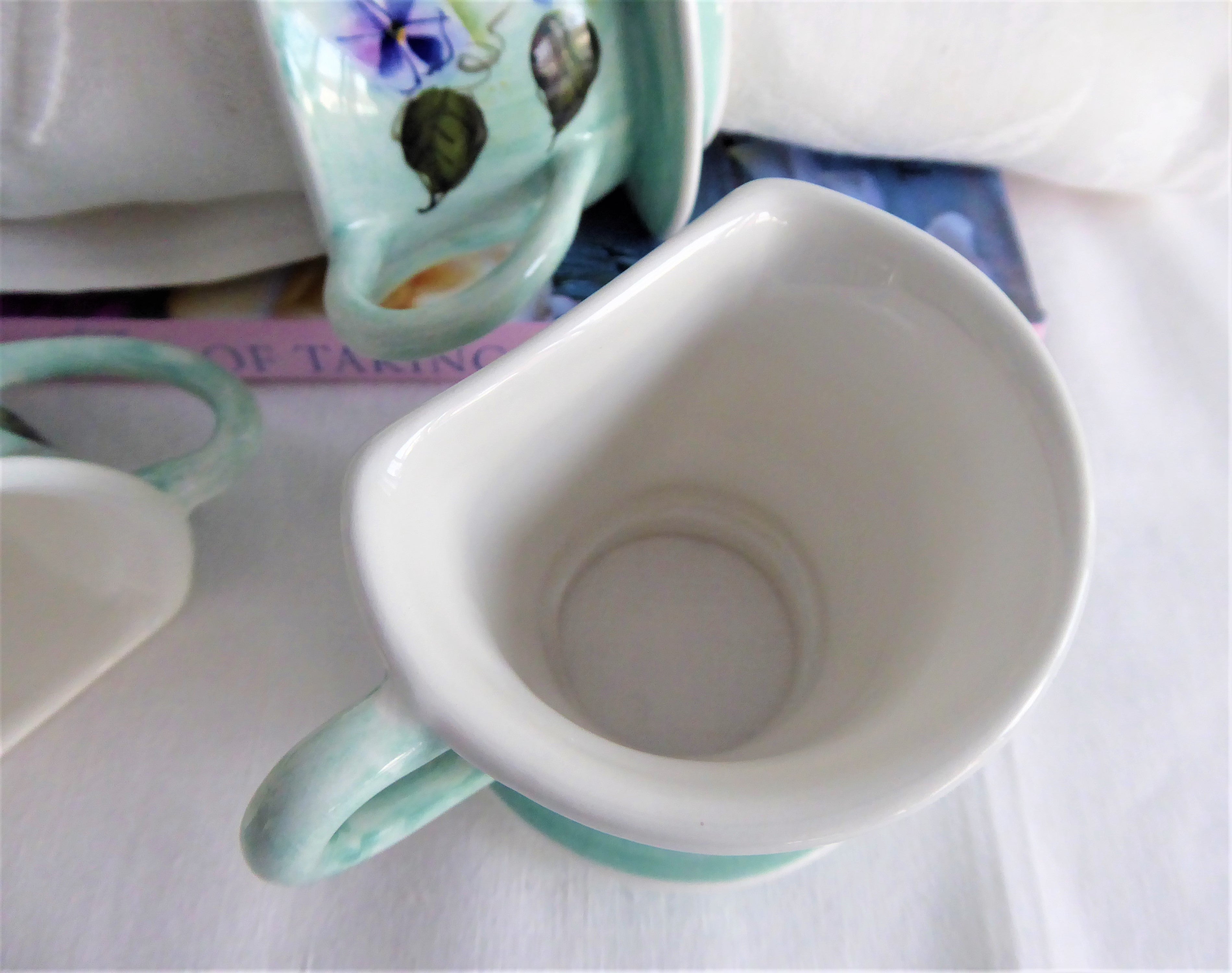 Handpainted Ceramic Teacup Napkin Rings Set of 4 - Violet Floral Design in Egg Blue & Purple - Perfect for Spring Tablescapes, Easter Decor, and Tea Party Table Settings