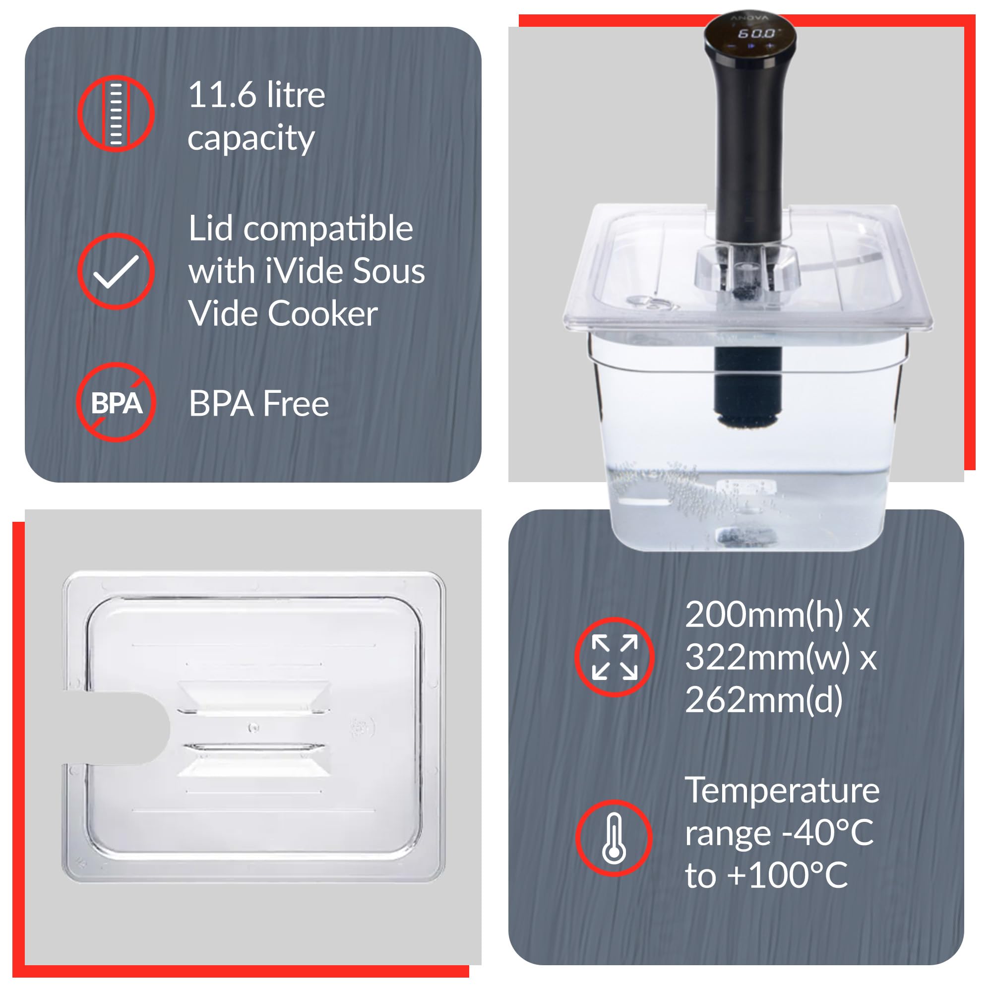 Sous Vide Container 11.6L Water Tank - Compatible with Anova Nano Cooker | Perfect for Home Kitchen, Meal Prep & Professional Sous Vide Cooking