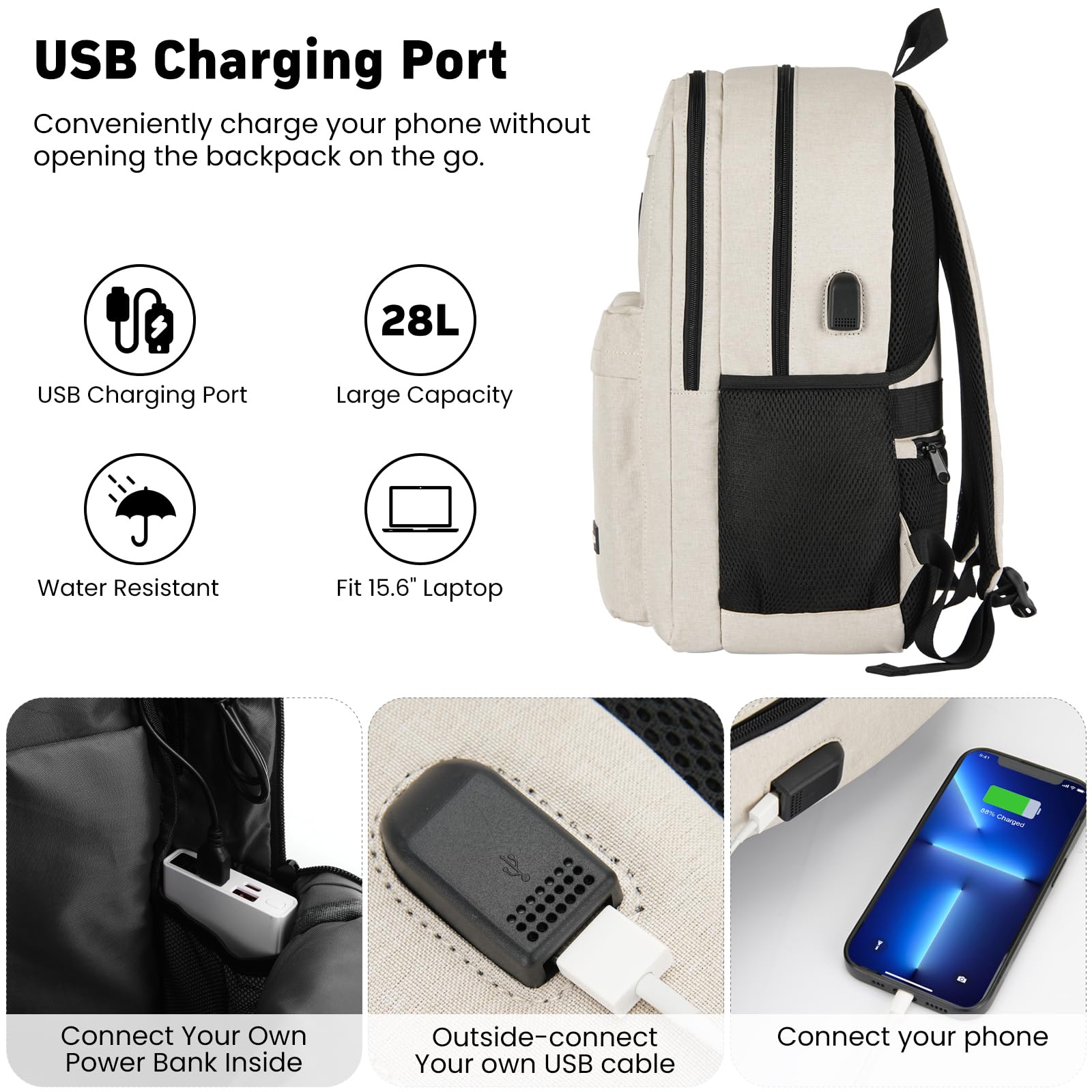 Stylish 15.6 Inch Laptop Backpack for Men & Women - Durable School Bookbag with USB Charging Port & 2 Compartments - Perfect for College, Work, Travel & Business (Beige) - Ideal for Daily Commute, Campus Life & Business Trips