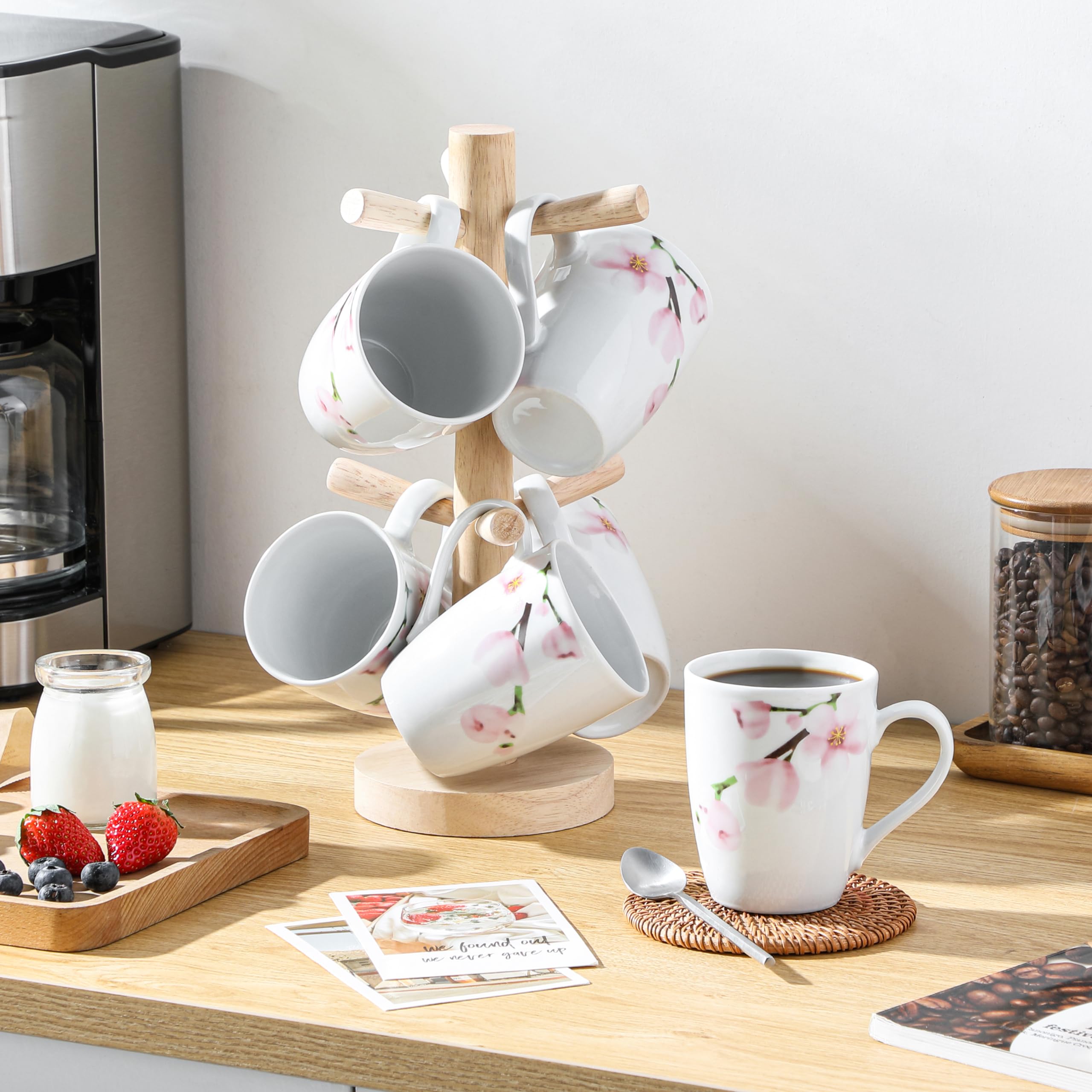 VEWEET 11oz Ceramic Coffee Mugs Set of 6 - Floral Design Handle Cups for Tea, Hot Chocolate & Cappuccino - Microwave & Dishwasher Safe - Perfect for Home, Office & Gifts (ANNIE Series)
