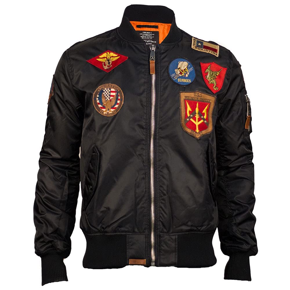 Top Gun MA-1 Nylon Bomber Jacket with Military Patches - Stylish Aviator Flight Jacket for Men, Perfect for Casual Wear & Outdoor Adventures