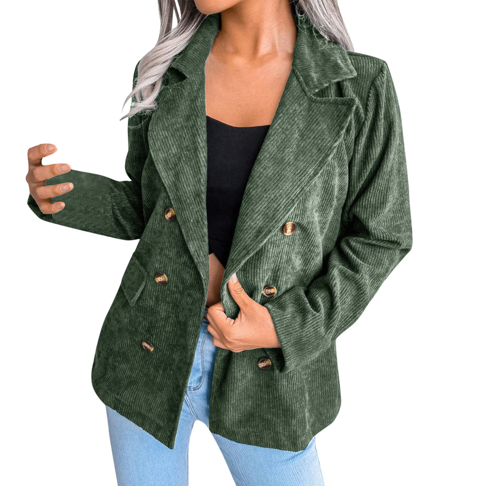 Plus Size Women's Double Breasted Corduroy Blazer Jacket - Stylish Long Spring Coat for Curvy Women | Perfect for Office Wear, Business Casual & Spring Outfits