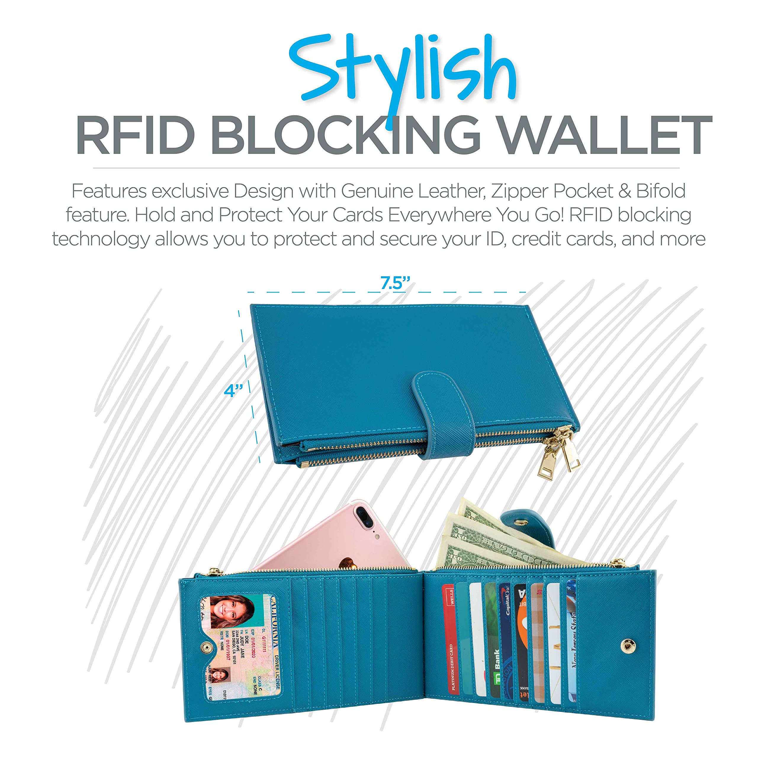 RFID Blocking Wallet for Women - Genuine Leather Bifold Wallet with Zipper Pocket | Secure Credit Card Holder | Perfect for Travel, Shopping & Everyday Use (Teal)