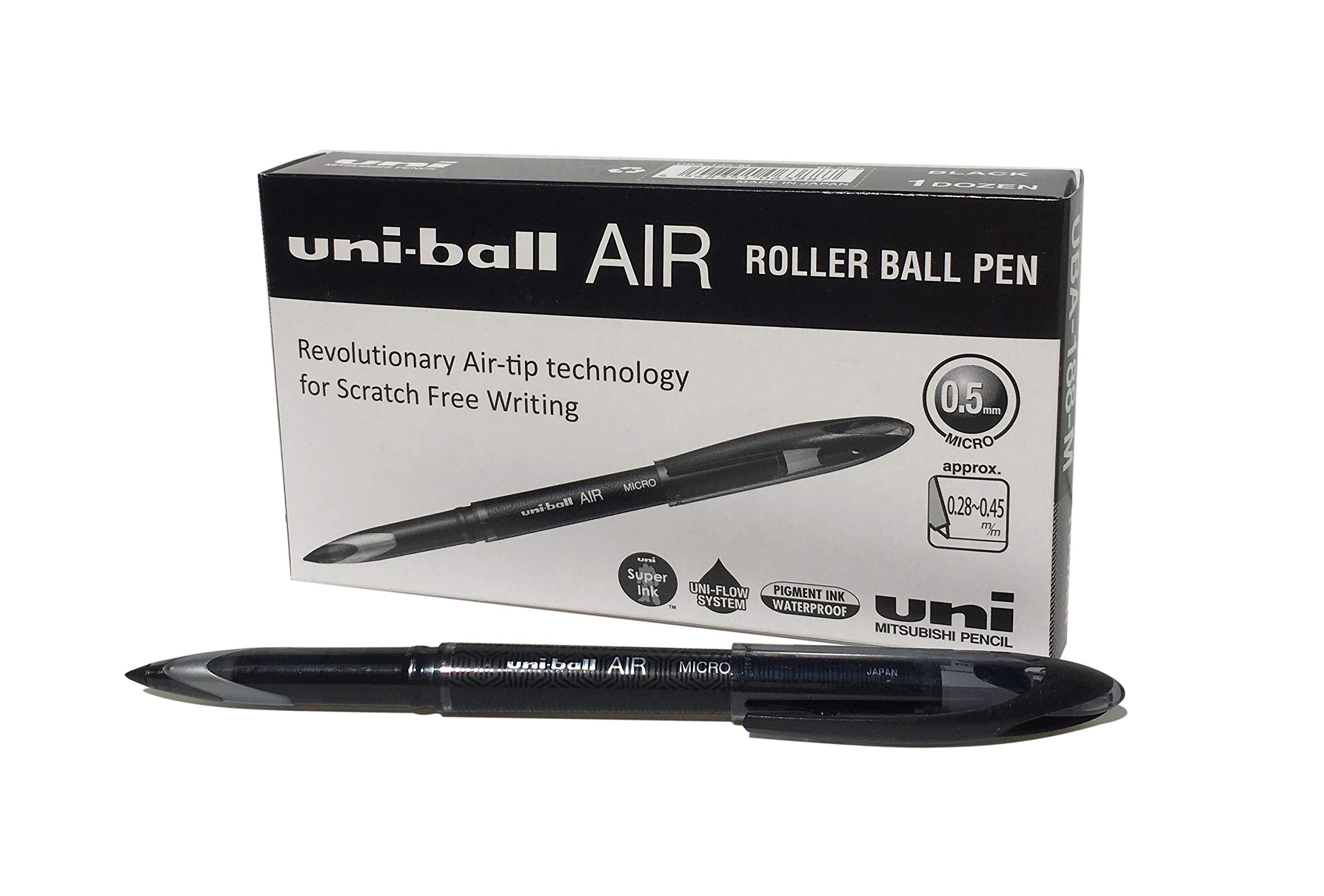 uni-ball UB-188-M Micro Air Rollerball Pens - 0.5mm Premium Tip for Ultra Smooth Writing - Fountain Pen Feel with Fade & Water Resistant Super Ink - 12 Black Pens Set - Perfect for Office, School, Journaling & Note Taking